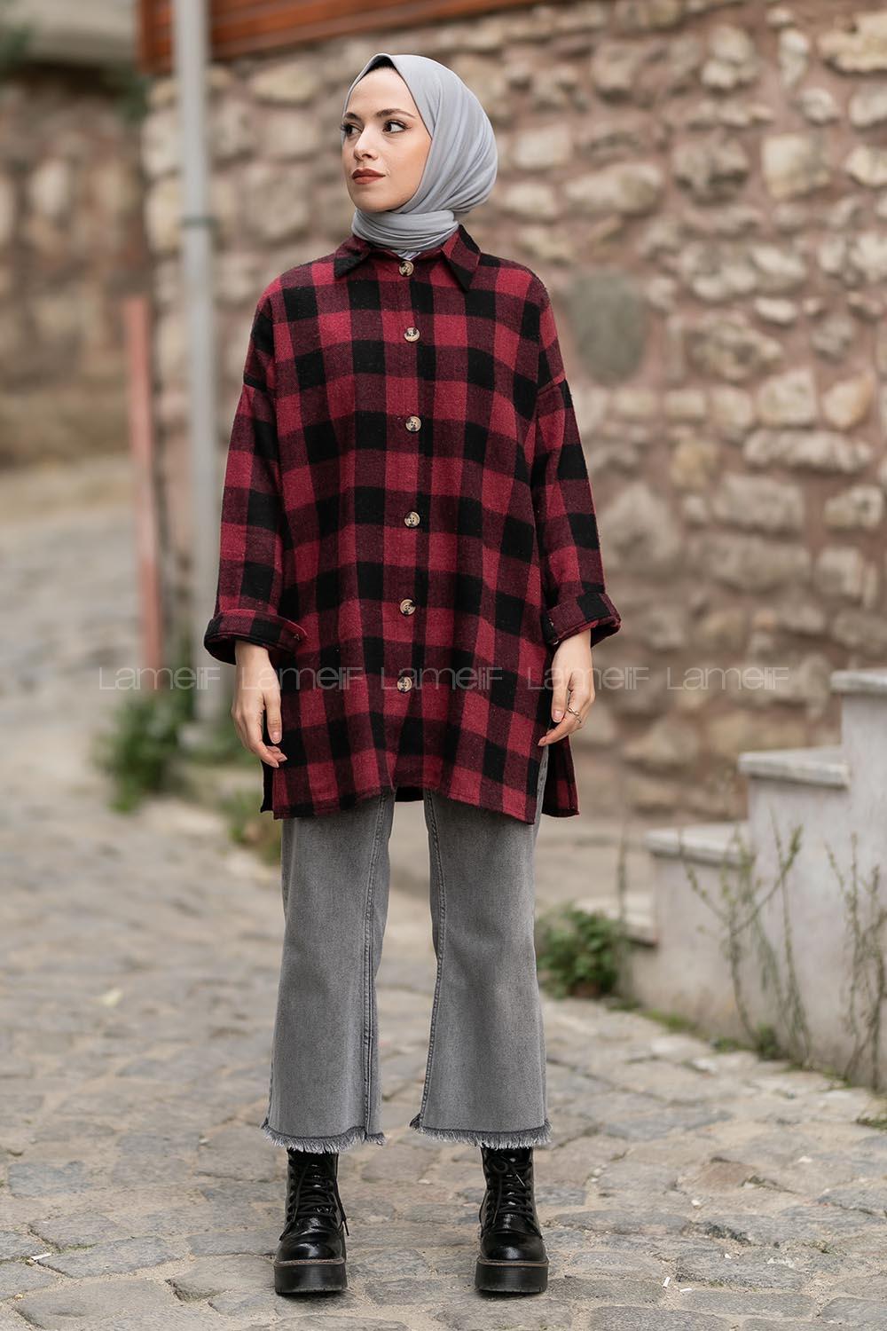 Modalamelif Ekose Desen Yırtmaçlı Gömlek Bordo-Siyah