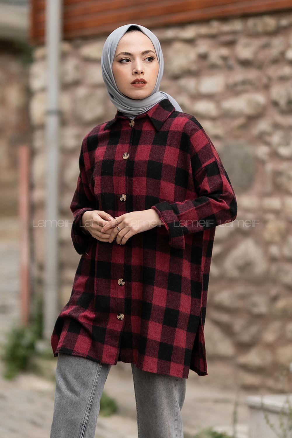 Modalamelif Ekose Desen Yırtmaçlı Gömlek Bordo-Siyah