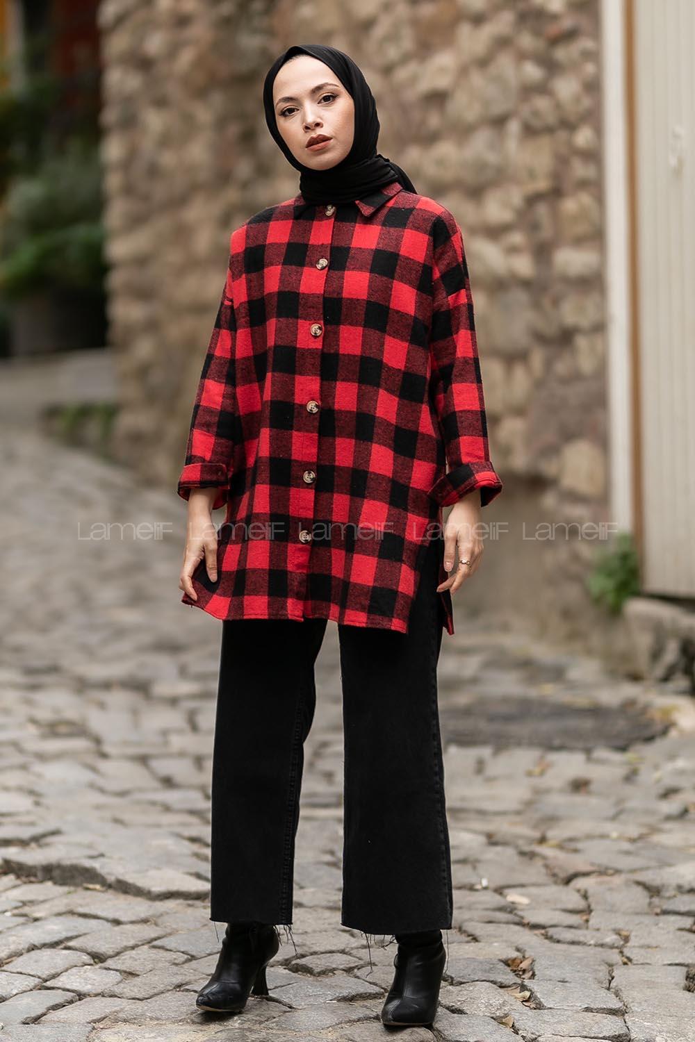 Modalamelif Ekose Desen Yırtmaçlı Gömlek Kırmızı-Siyah