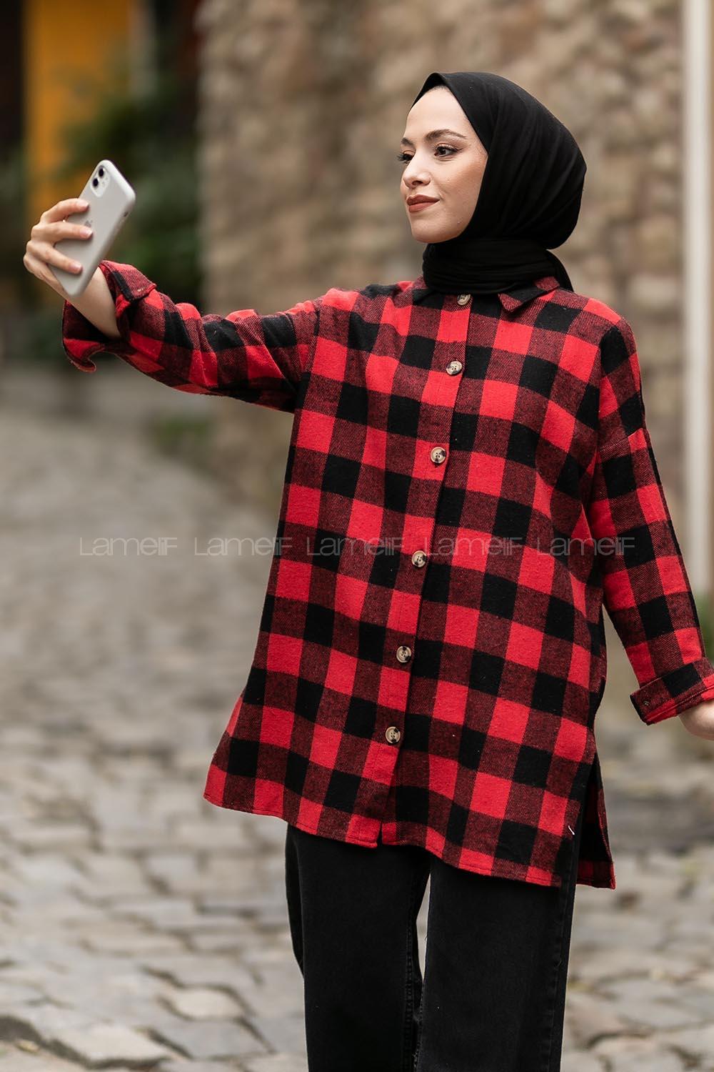 Modalamelif Ekose Desen Yırtmaçlı Gömlek Kırmızı-Siyah