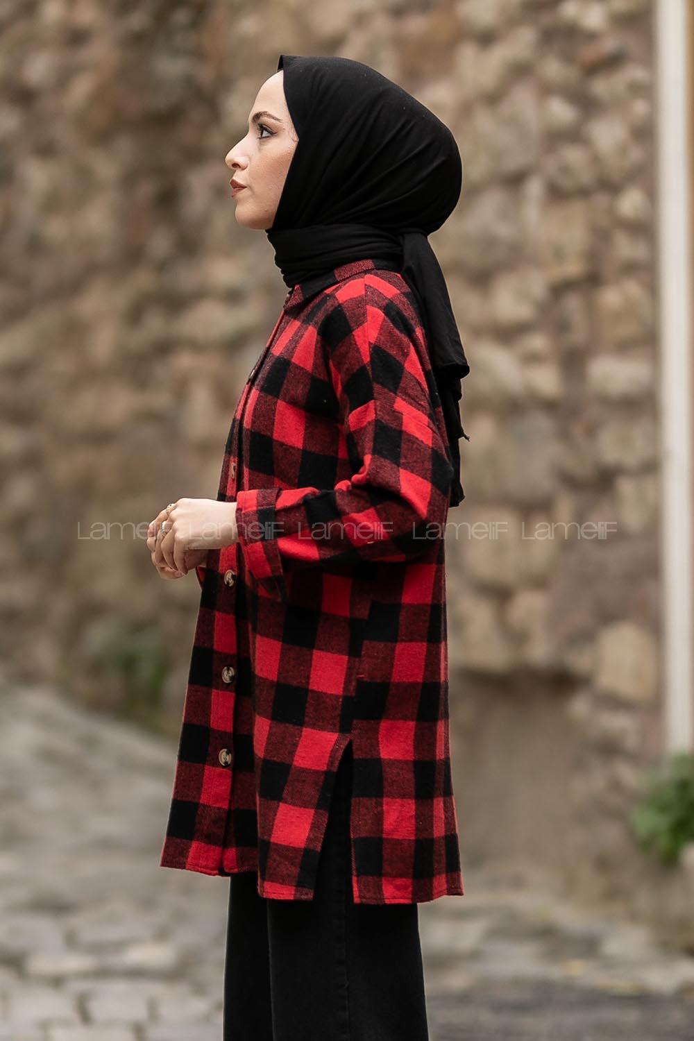 Modalamelif Ekose Desen Yırtmaçlı Gömlek Kırmızı-Siyah