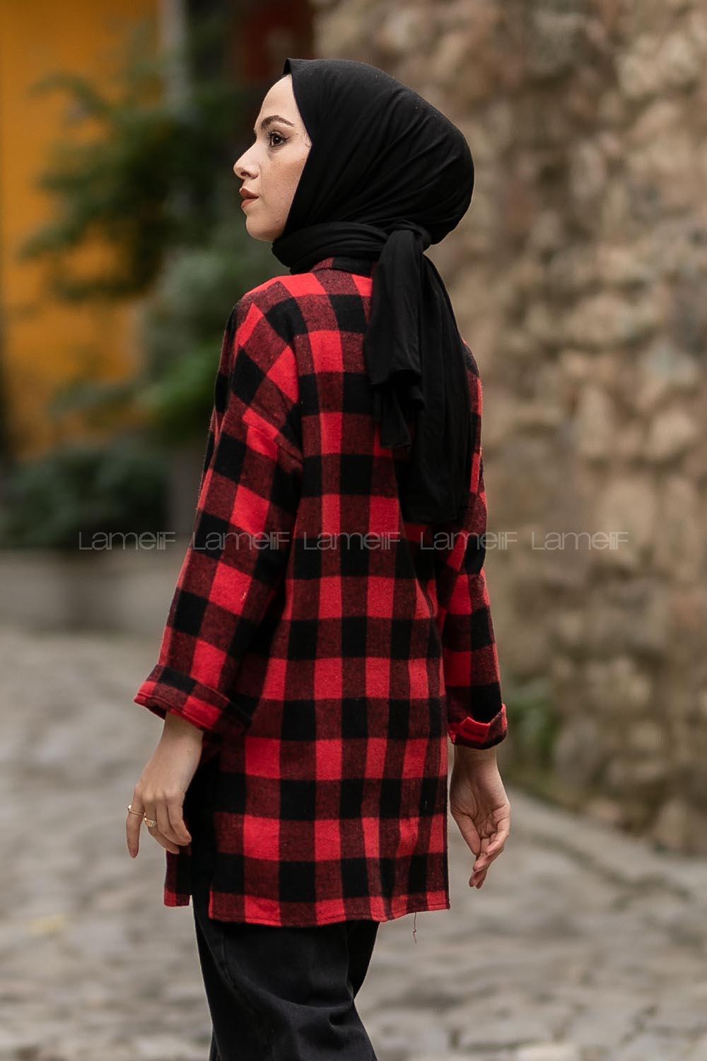 Modalamelif Ekose Desen Yırtmaçlı Gömlek Kırmızı-Siyah