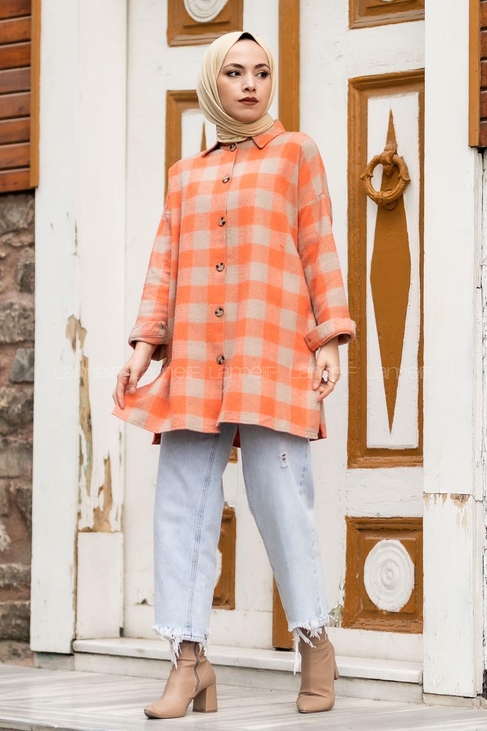 Modalamelif Ekose Desen Yırtmaçlı Gömlek Turuncu