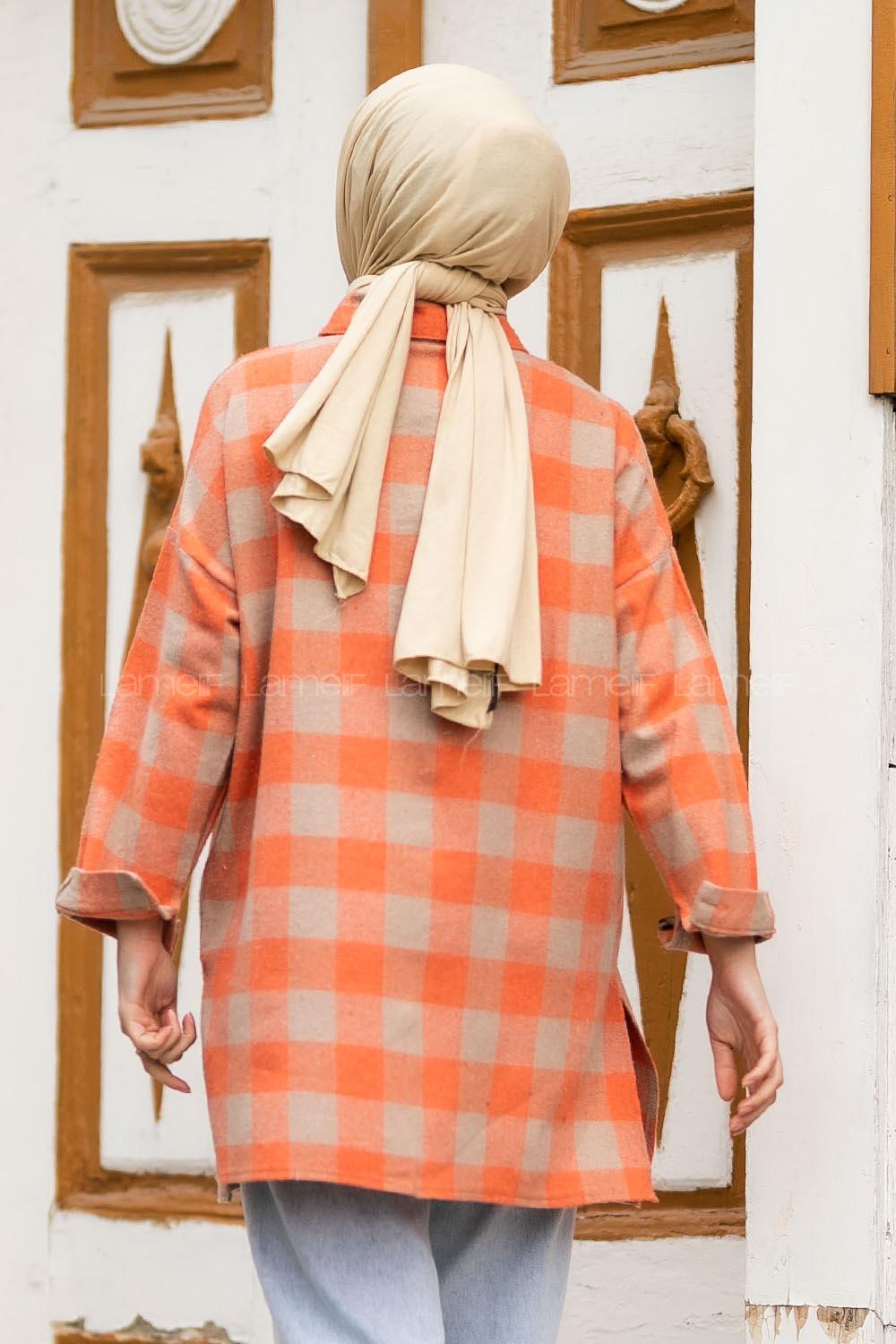 Modalamelif Ekose Desen Yırtmaçlı Gömlek Turuncu