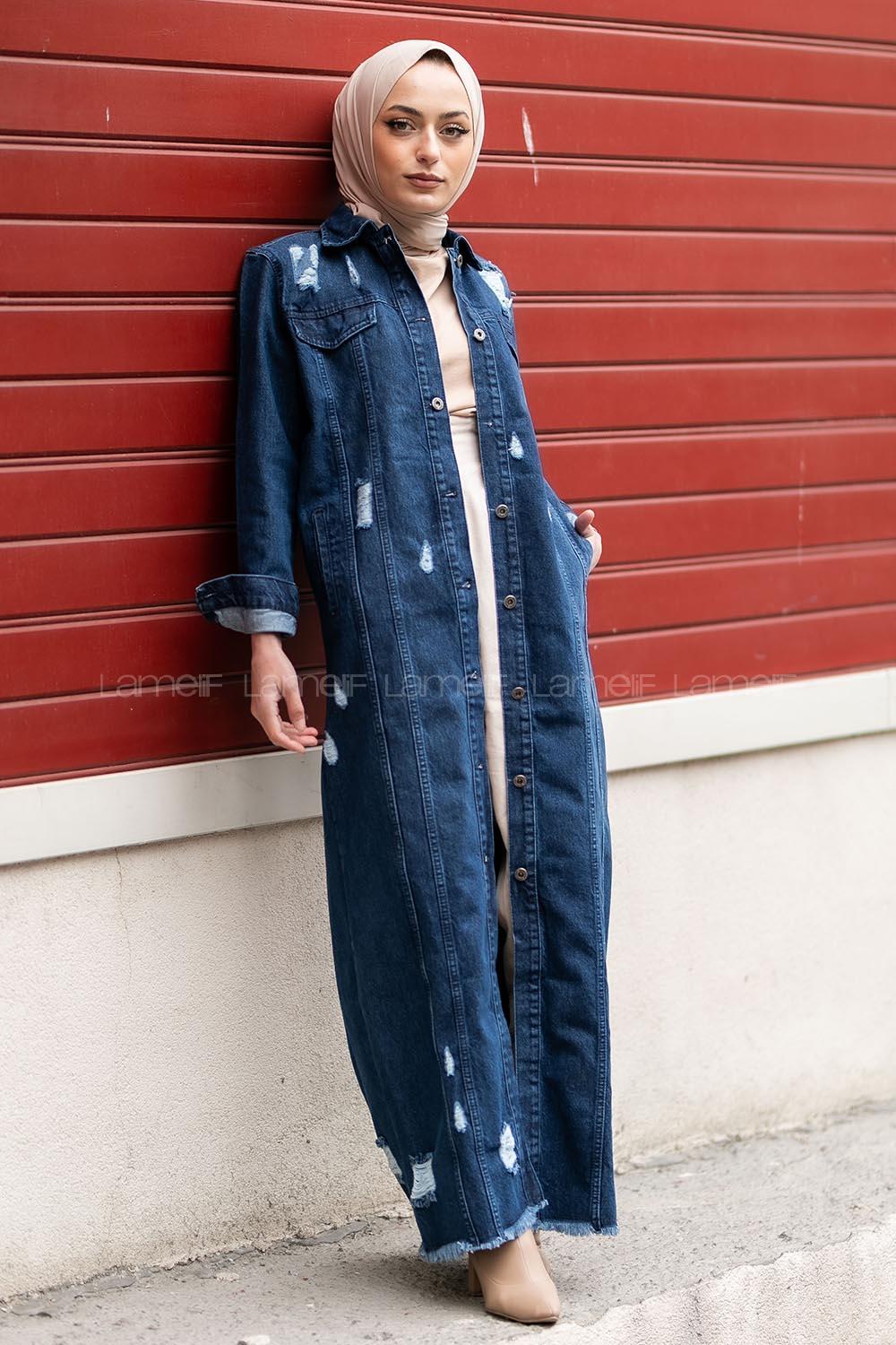 Modalamelif Eskitme İşlemeli Boydan Düğmeli Elbise Koyu Mavi