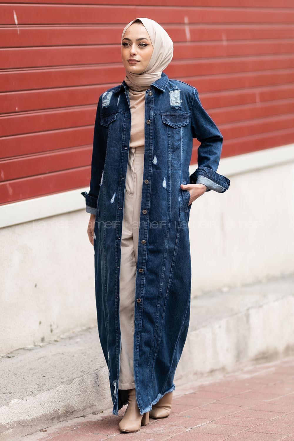 Modalamelif Eskitme İşlemeli Boydan Düğmeli Elbise Koyu Mavi