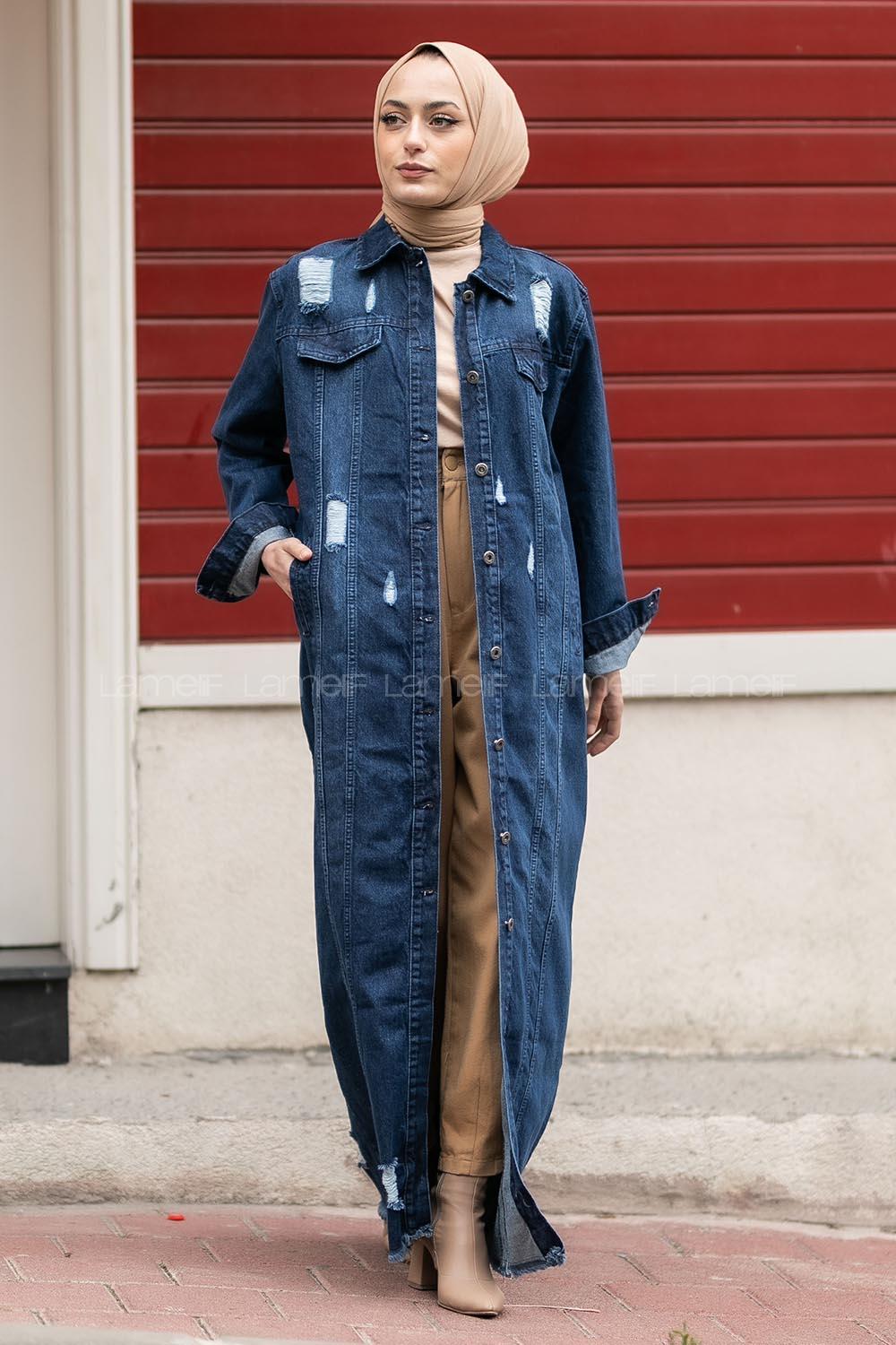 Modalamelif Eskitme İşlemeli Bodayn Düğmeli Uzun Ceket Kot Mavisi