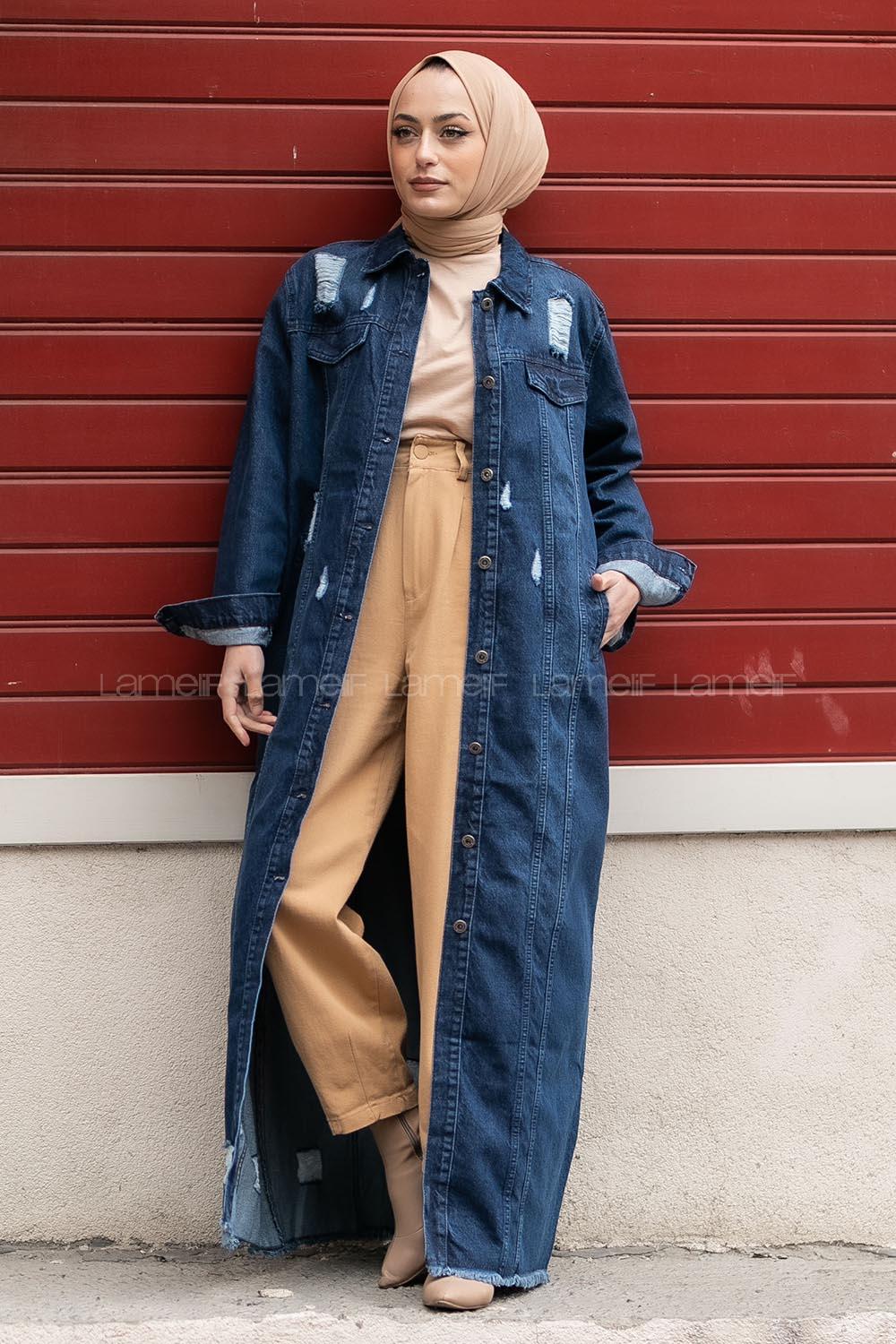 Modalamelif Eskitme İşlemeli Bodayn Düğmeli Uzun Ceket Kot Mavisi