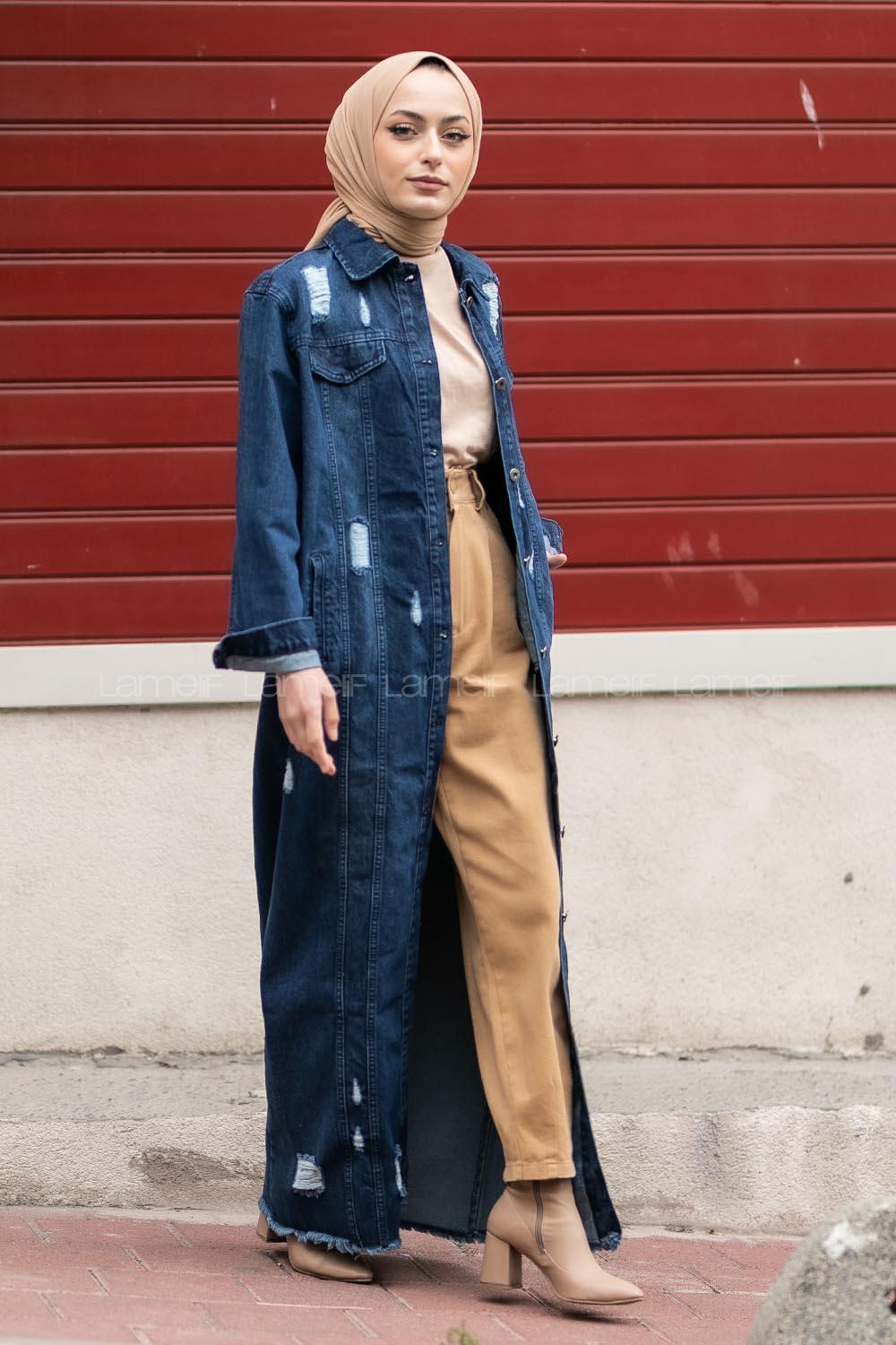 Modalamelif Eskitme İşlemeli Bodayn Düğmeli Uzun Ceket Kot Mavisi