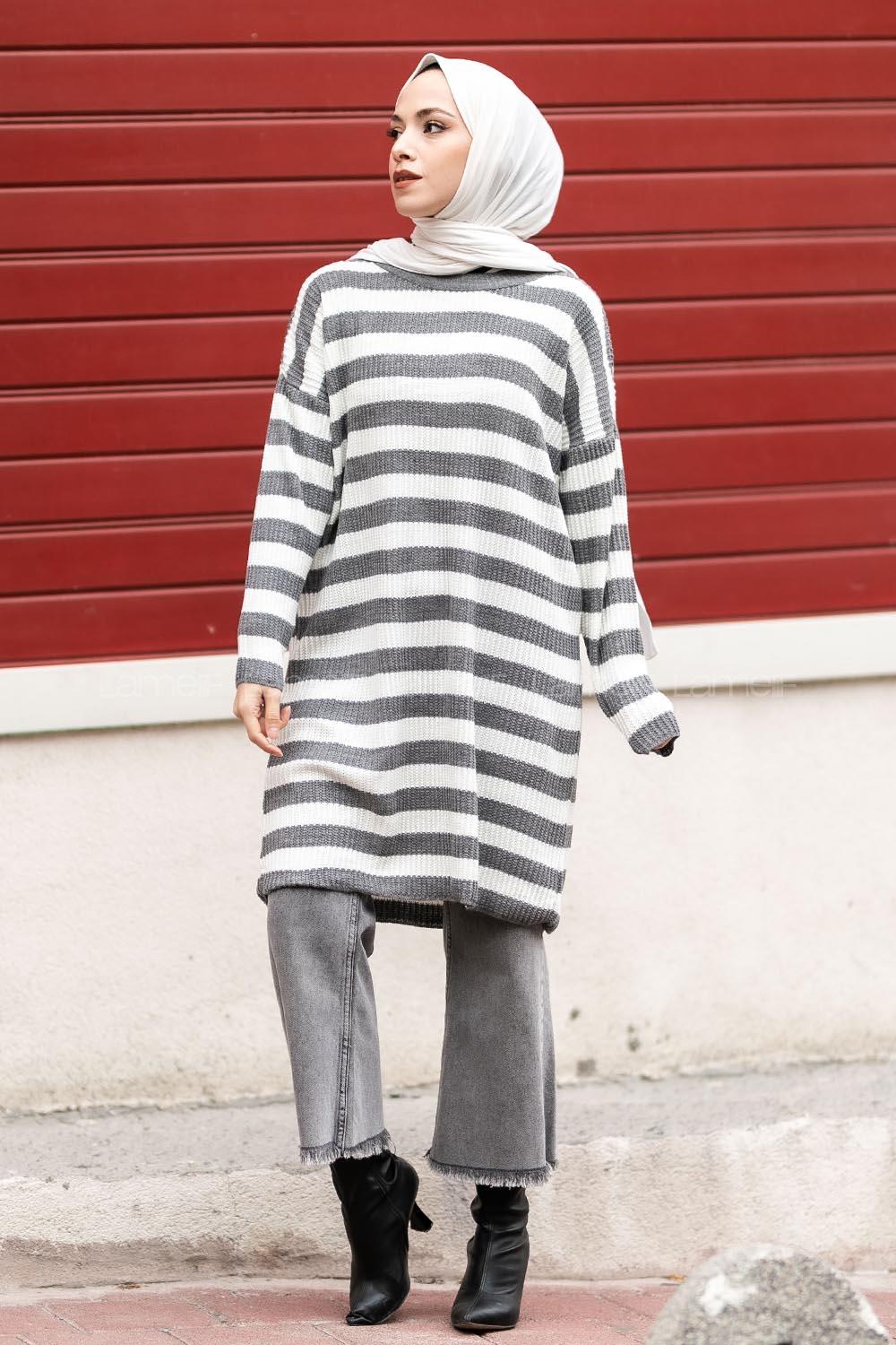 Modalamelif Kalın Çizgi Şeritli Triko Tunik Füme