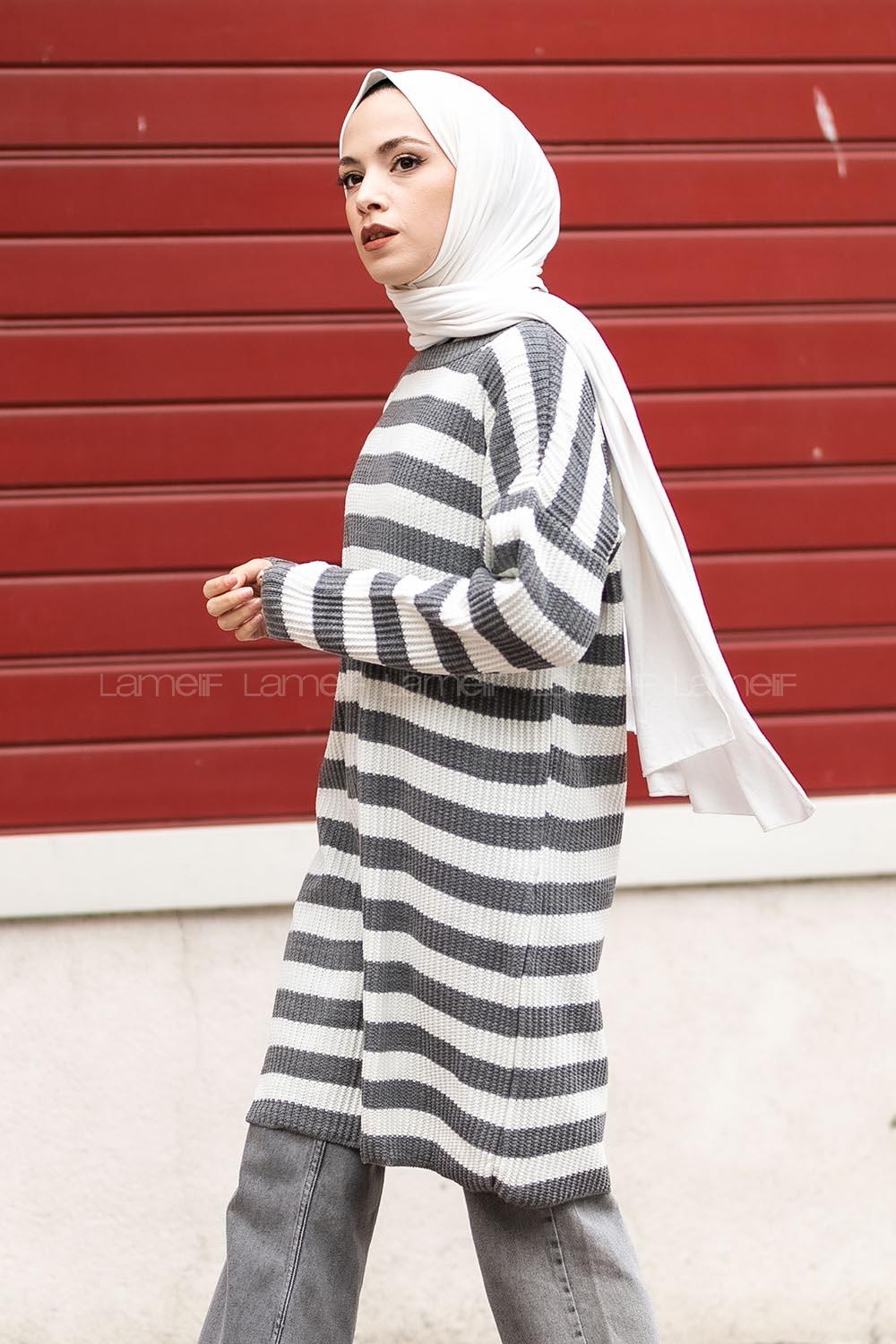 Modalamelif Kalın Çizgi Şeritli Triko Tunik Füme