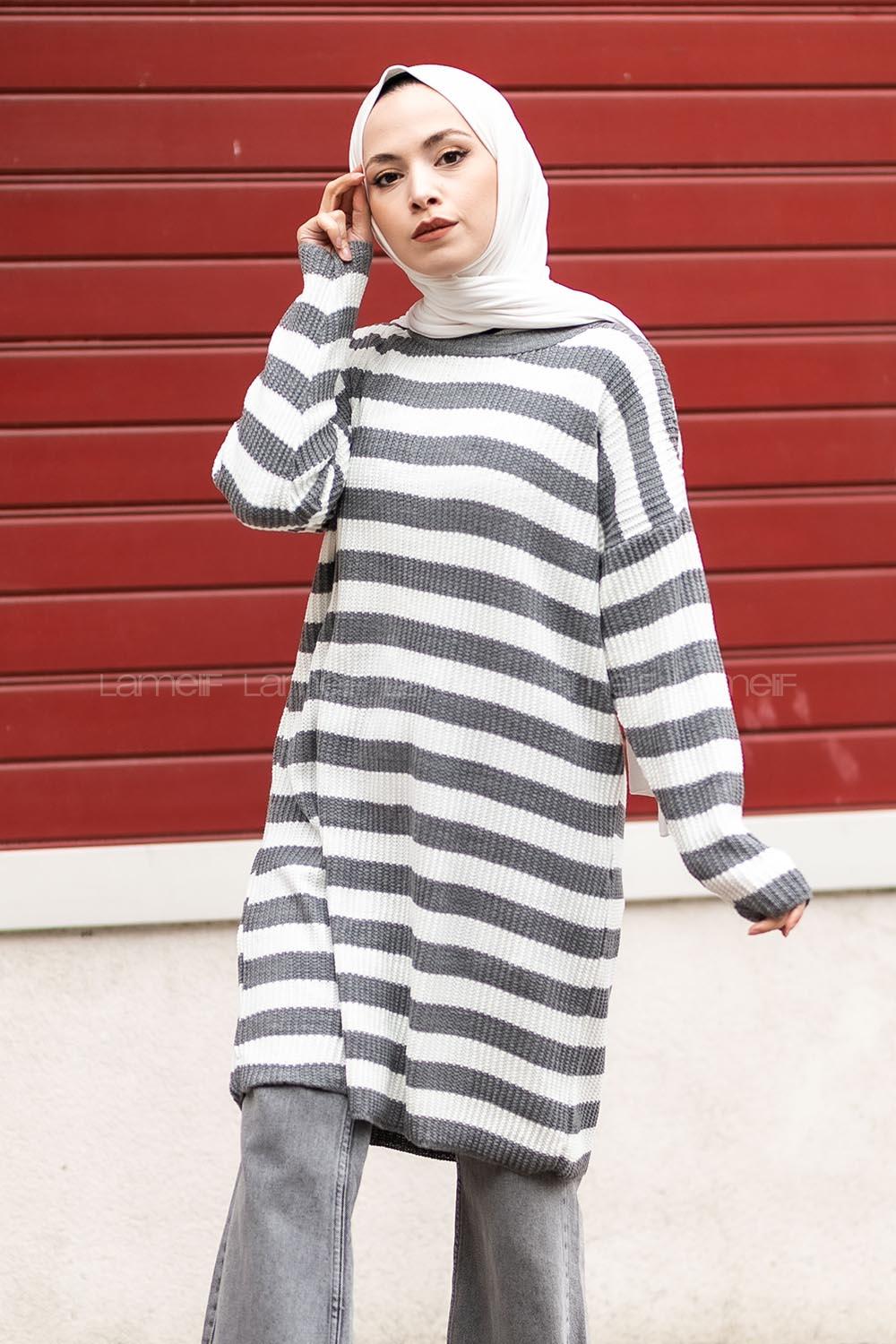 Modalamelif Kalın Çizgi Şeritli Triko Tunik Füme