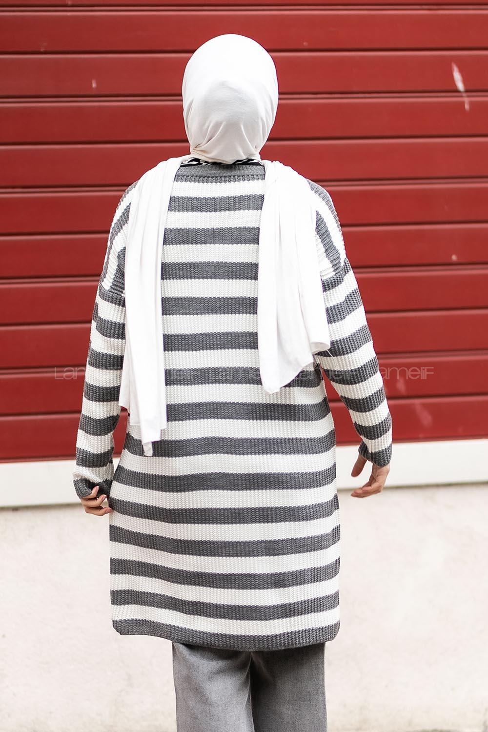 Modalamelif Kalın Çizgi Şeritli Triko Tunik Füme