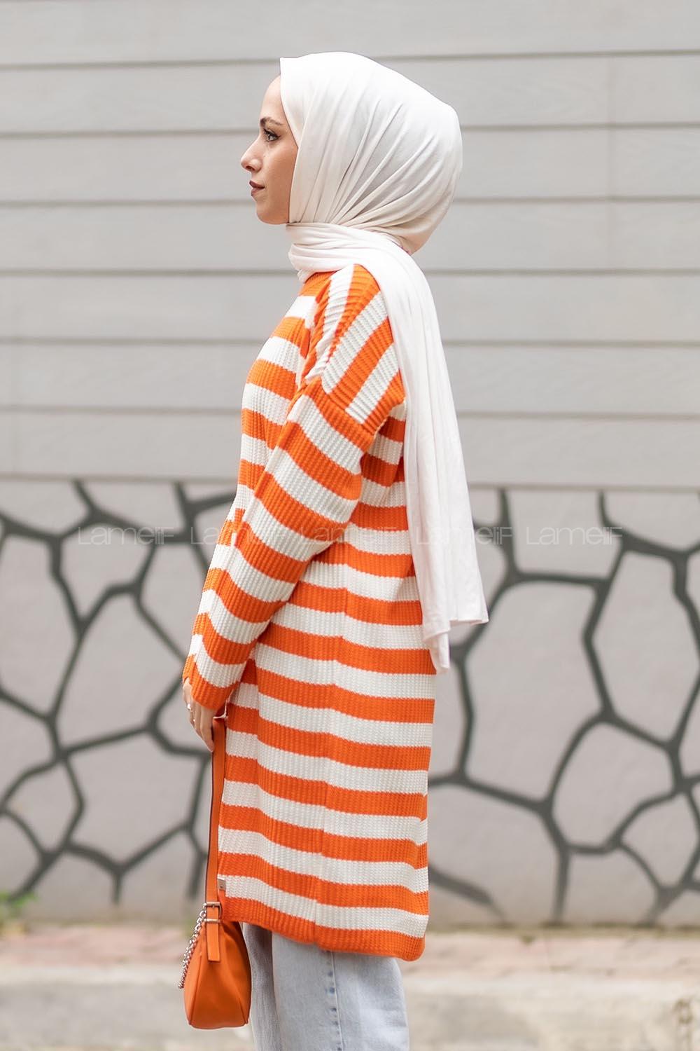 Modalamelif Kalın Çizgi Şeritli Triko Tunik Oranj