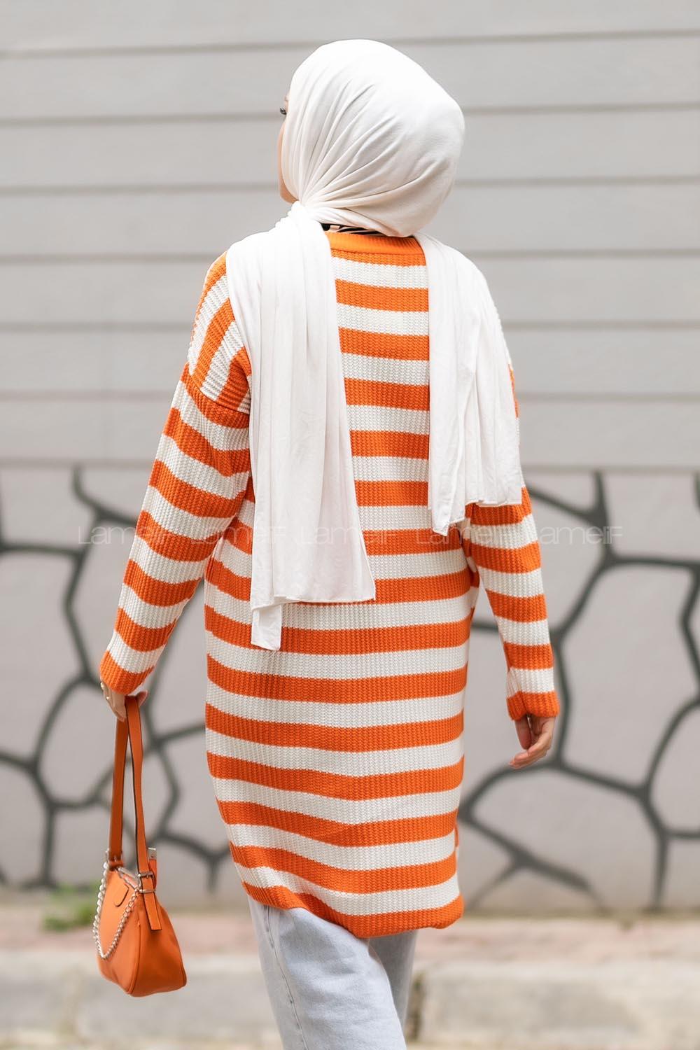 Modalamelif Kalın Çizgi Şeritli Triko Tunik Oranj