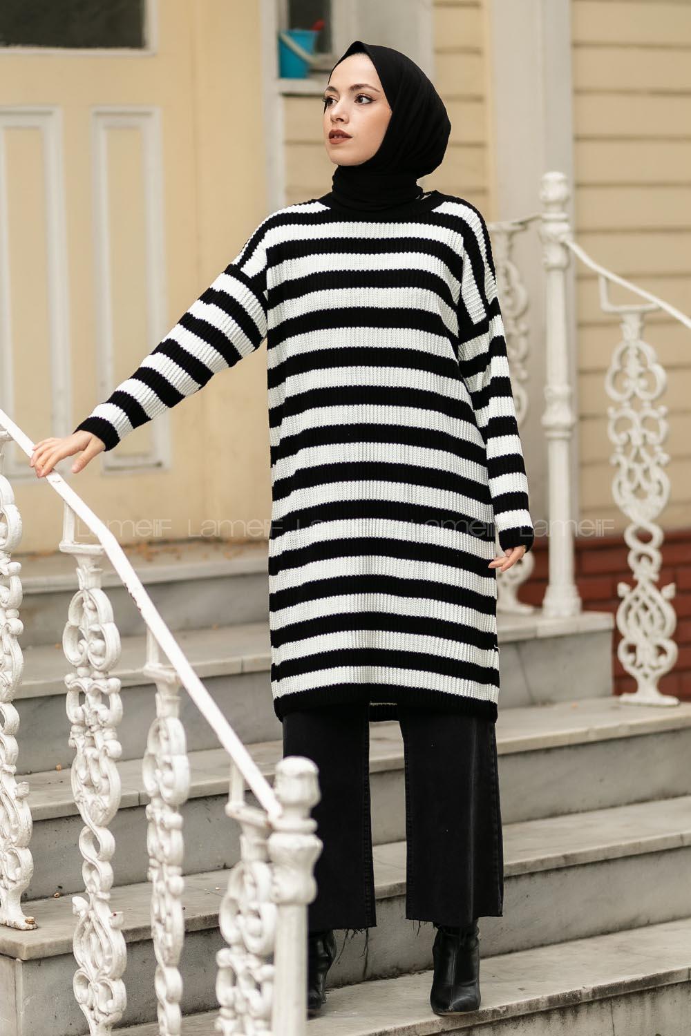 Modalamelif Kalın Çizgi Şeritli Triko Tunik Siyah