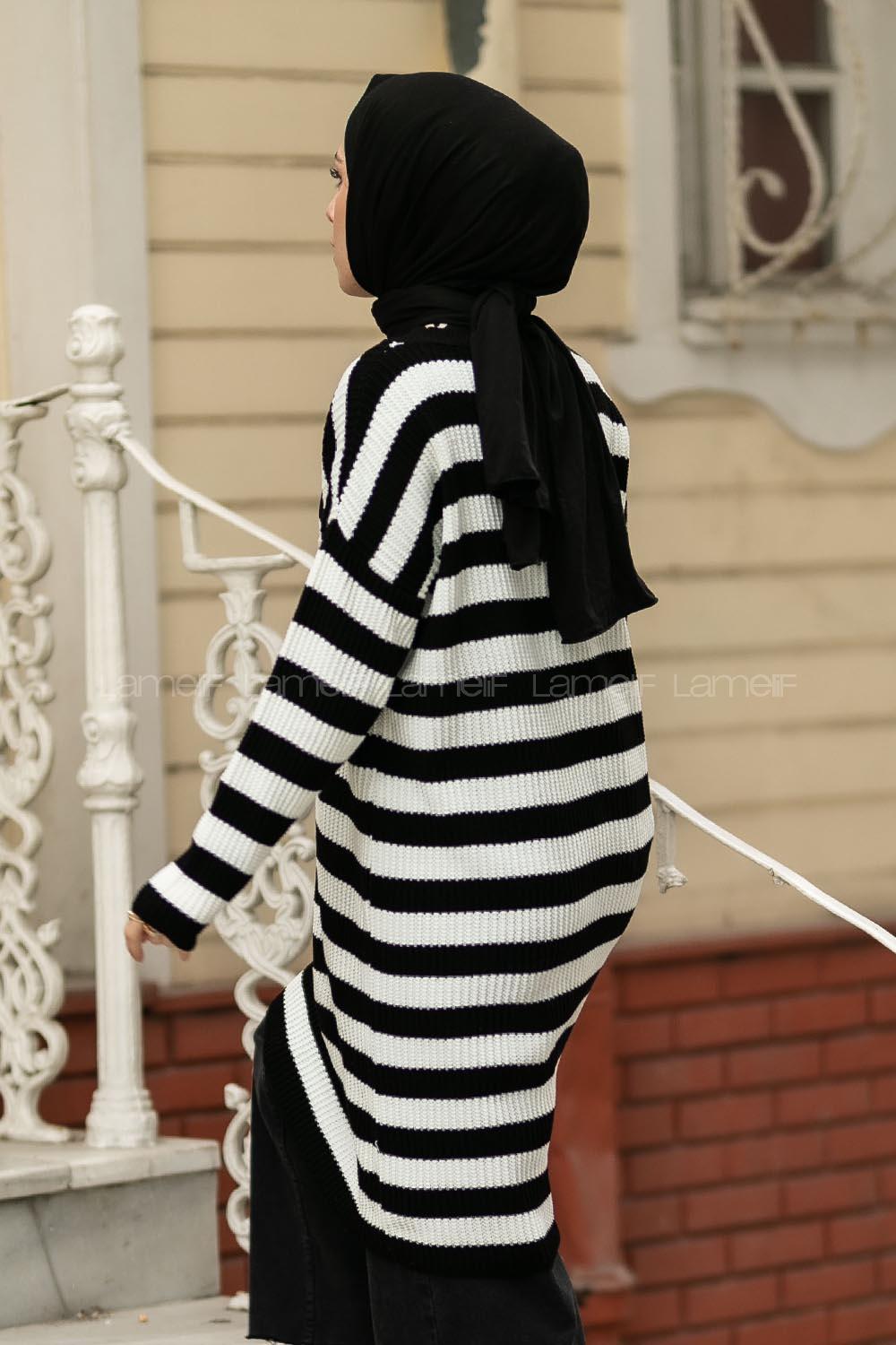 Modalamelif Kalın Çizgi Şeritli Triko Tunik Siyah