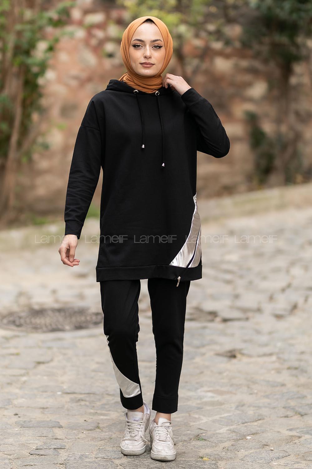 Modalamelif Kapüşonlu Etek Ucu Fosfor Detaylı Takım Siyah