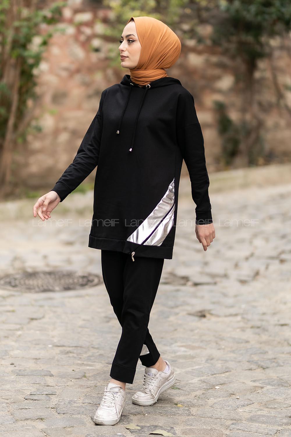Modalamelif Kapüşonlu Etek Ucu Fosfor Detaylı Takım Siyah