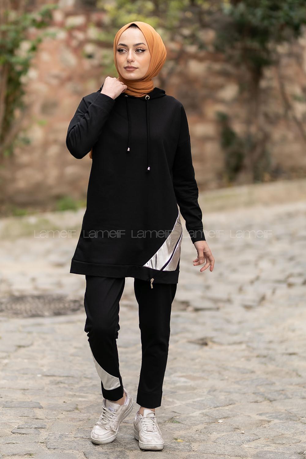 Modalamelif Kapüşonlu Etek Ucu Fosfor Detaylı Takım Siyah