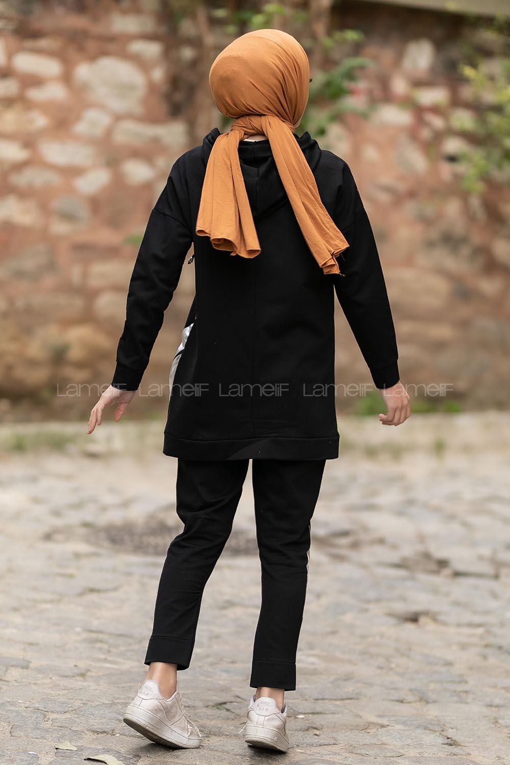Modalamelif Kapüşonlu Etek Ucu Fosfor Detaylı Takım Siyah
