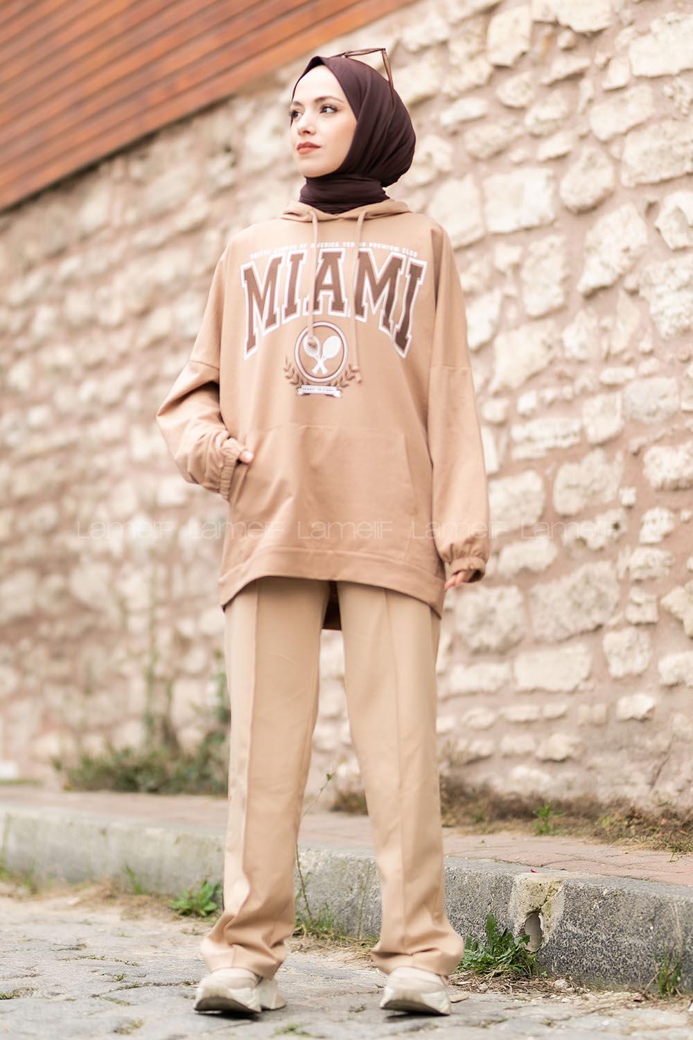 Modalamelif Kapüşonlu Miami Baskı Detaylı Sweat Camel