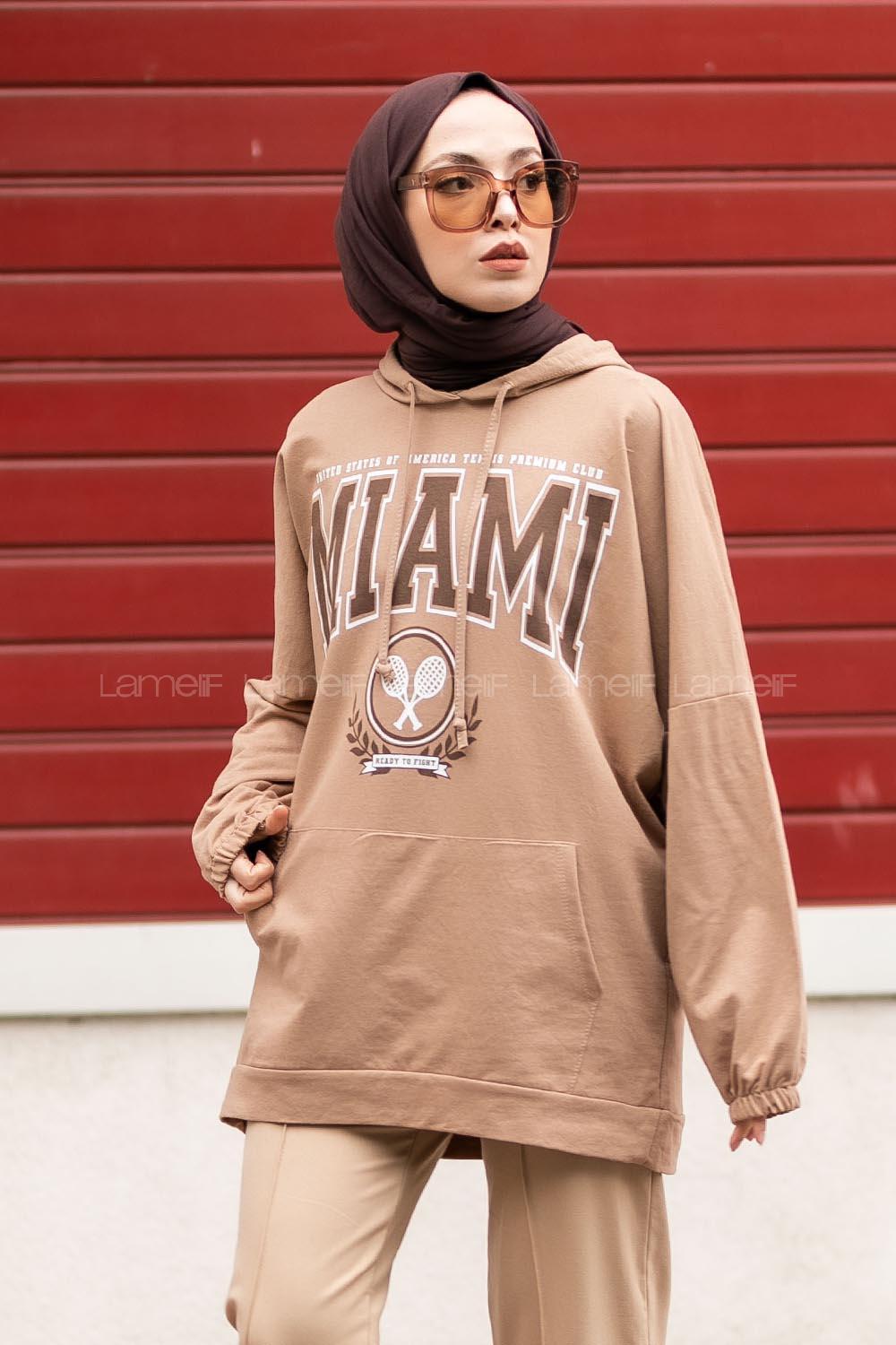 Modalamelif Kapüşonlu Miami Baskı Detaylı Sweat Camel