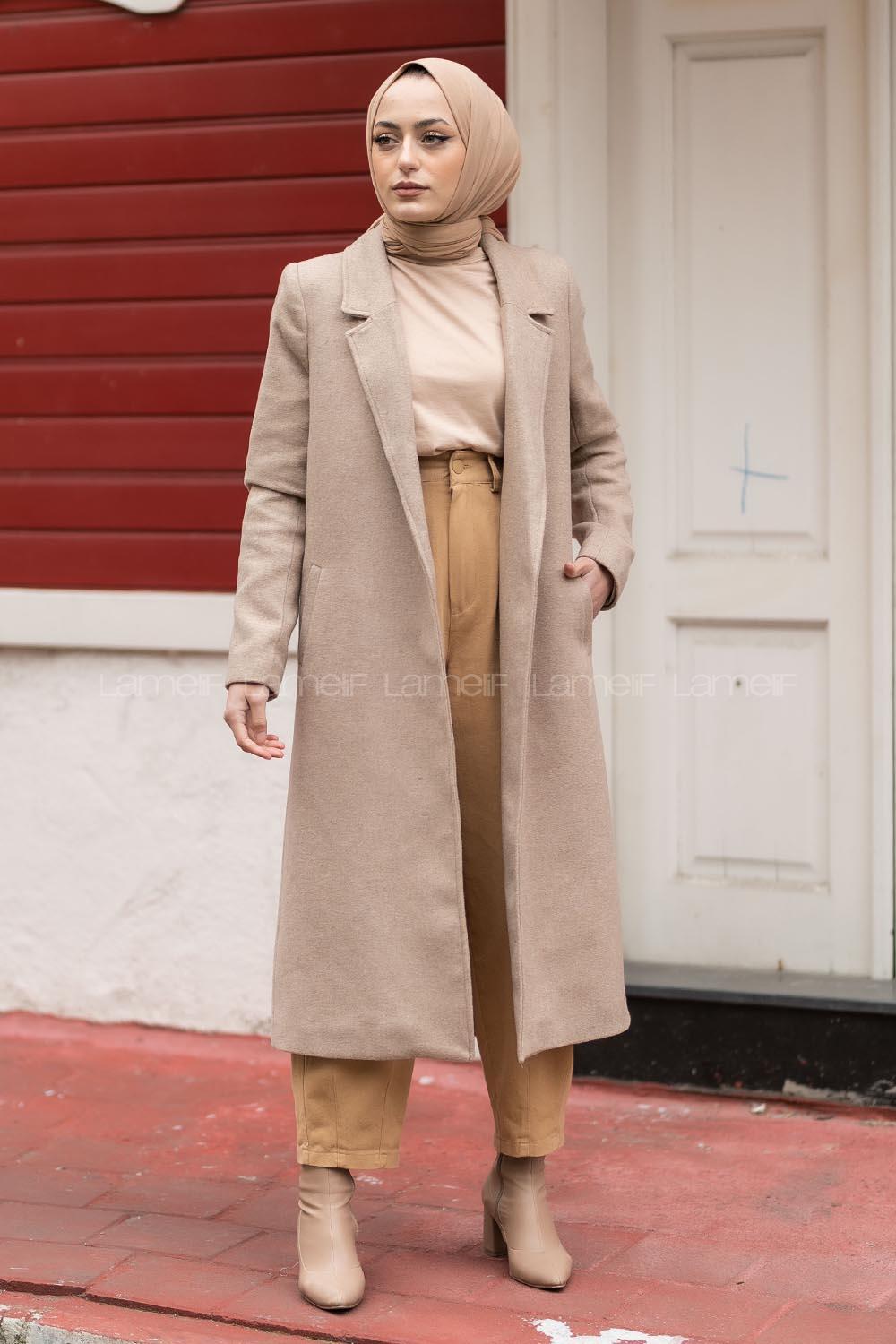 Modalamelif Kuşak Bağlamalı Fleto Cepli Kaban Bej