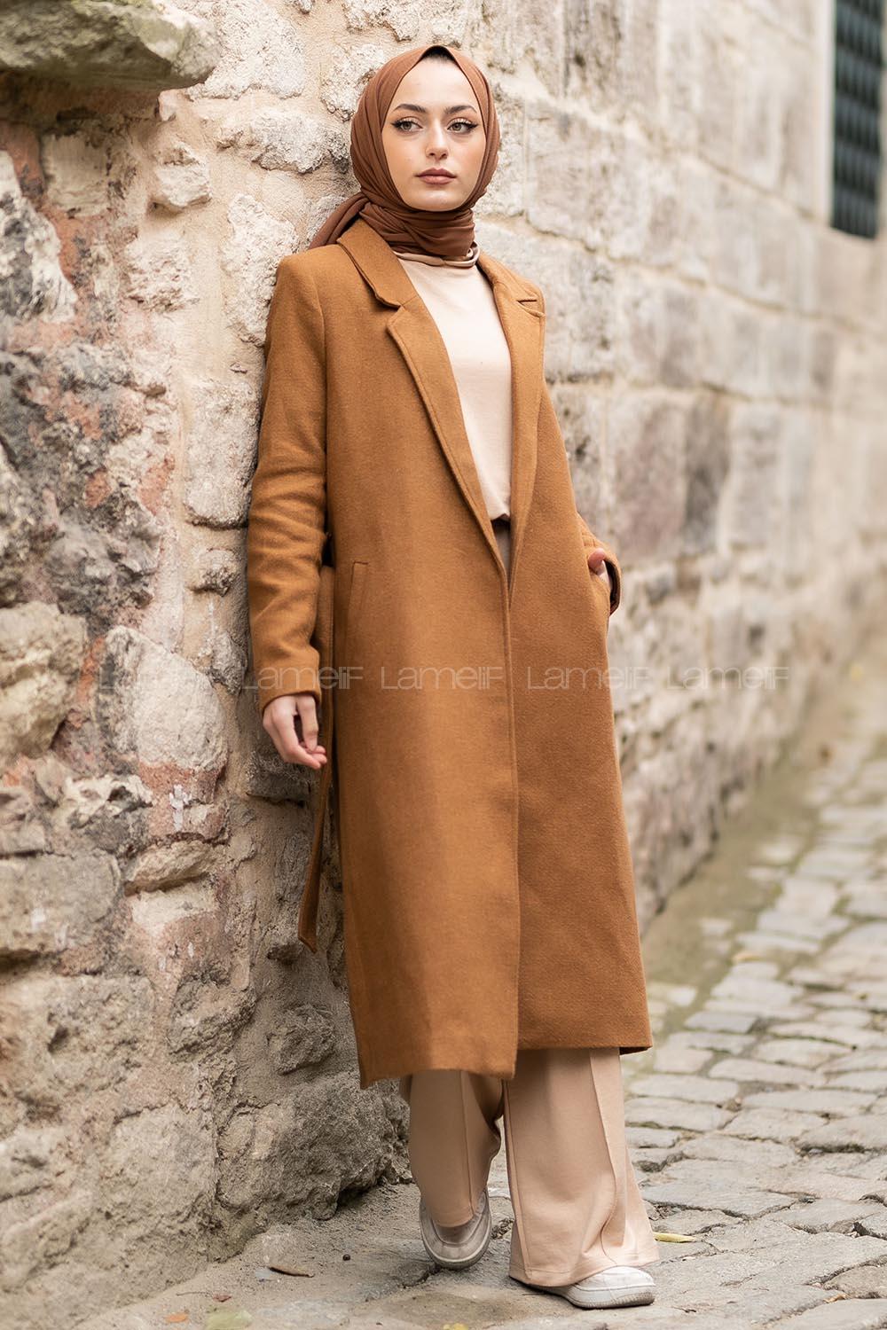 Modalamelif Kuşak Bağlamalı Fleto Cepli Kaban Tarçın