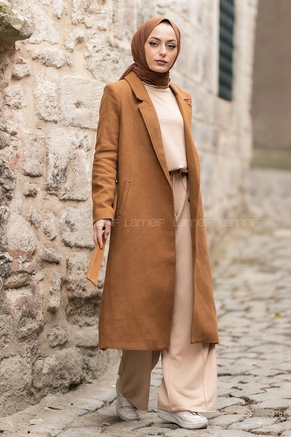 Modalamelif Kuşak Bağlamalı Fleto Cepli Kaban Tarçın