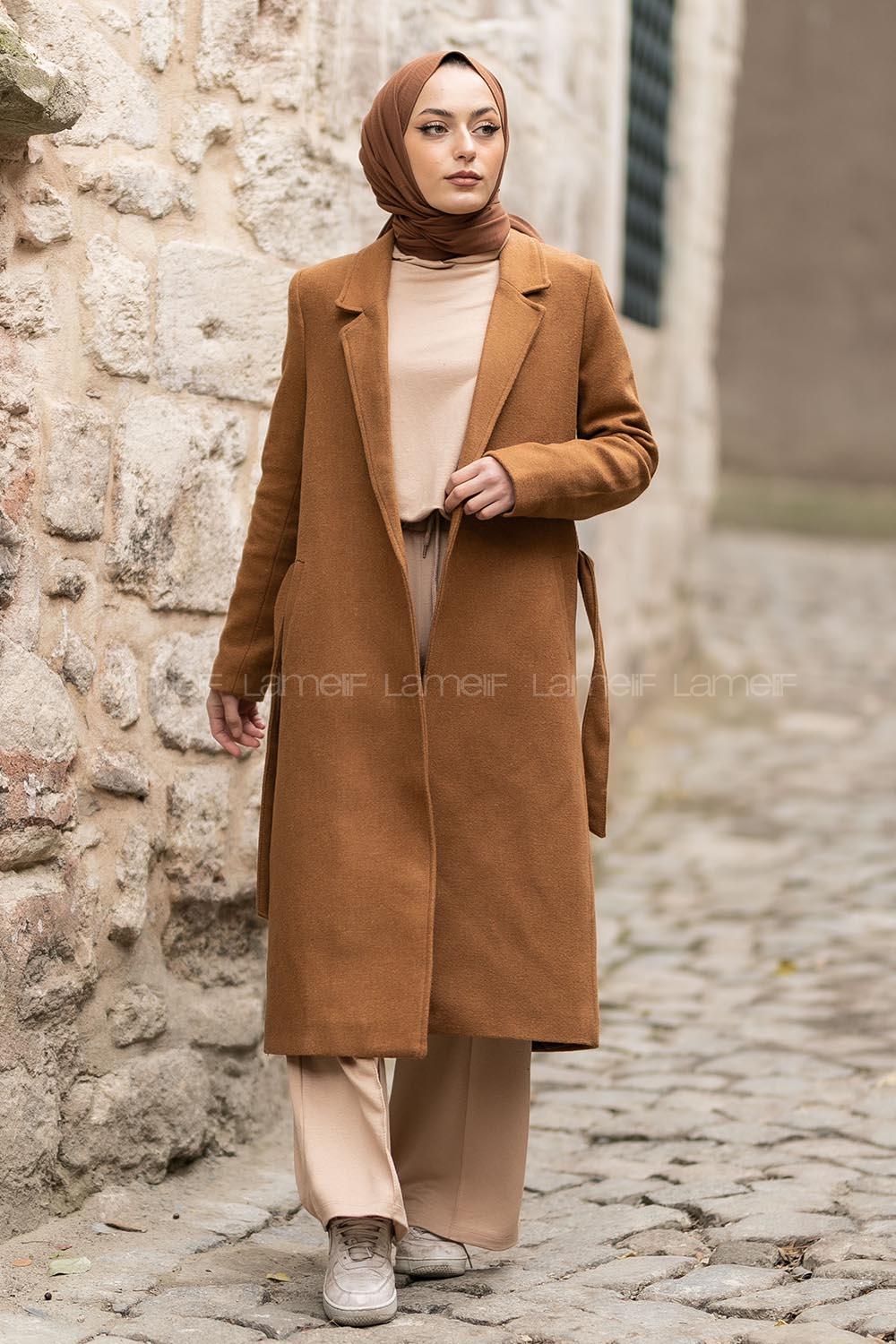 Modalamelif Kuşak Bağlamalı Fleto Cepli Kaban Tarçın