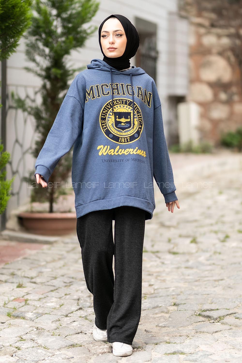 Modalamelif Mıchıgan Yazı Baskılı Kapüşonlu Sweat İndigo