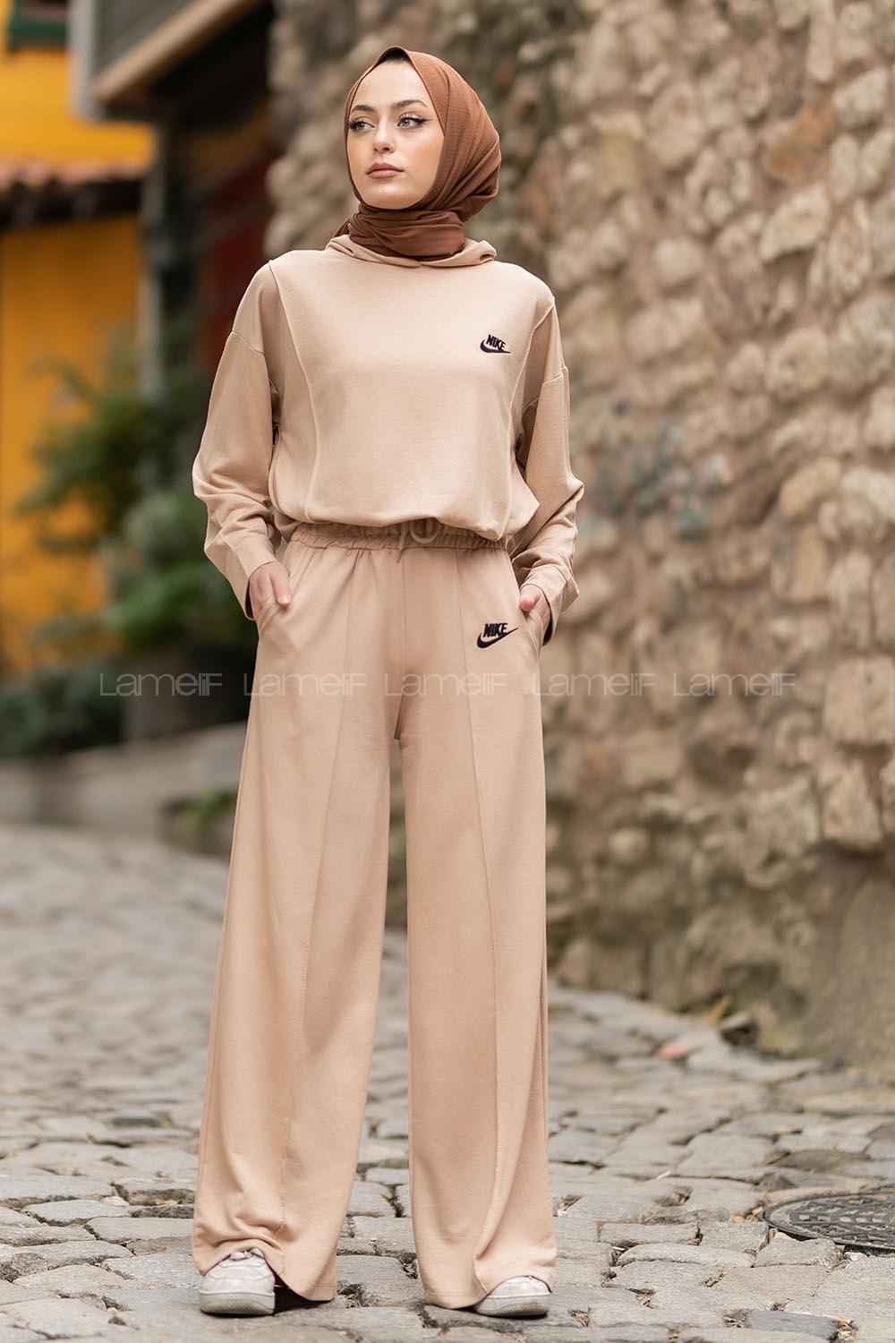 Modalamelif Nıke Nakışlı Kapüşonlu İkili Takım Bej