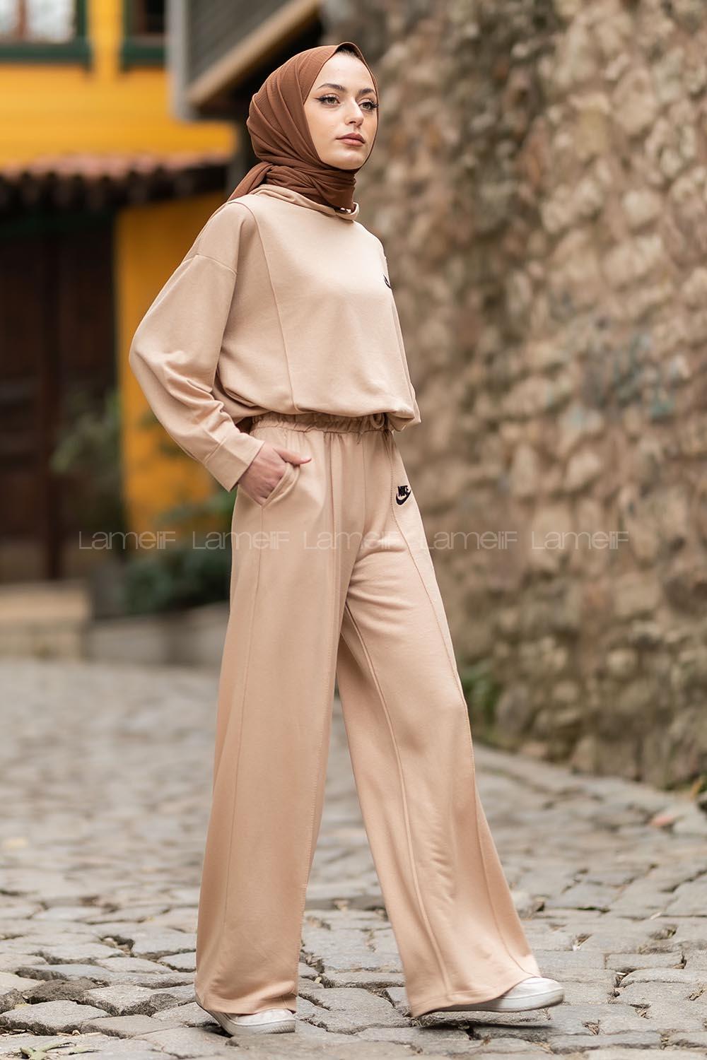 Modalamelif Nıke Nakışlı Kapüşonlu İkili Takım Bej