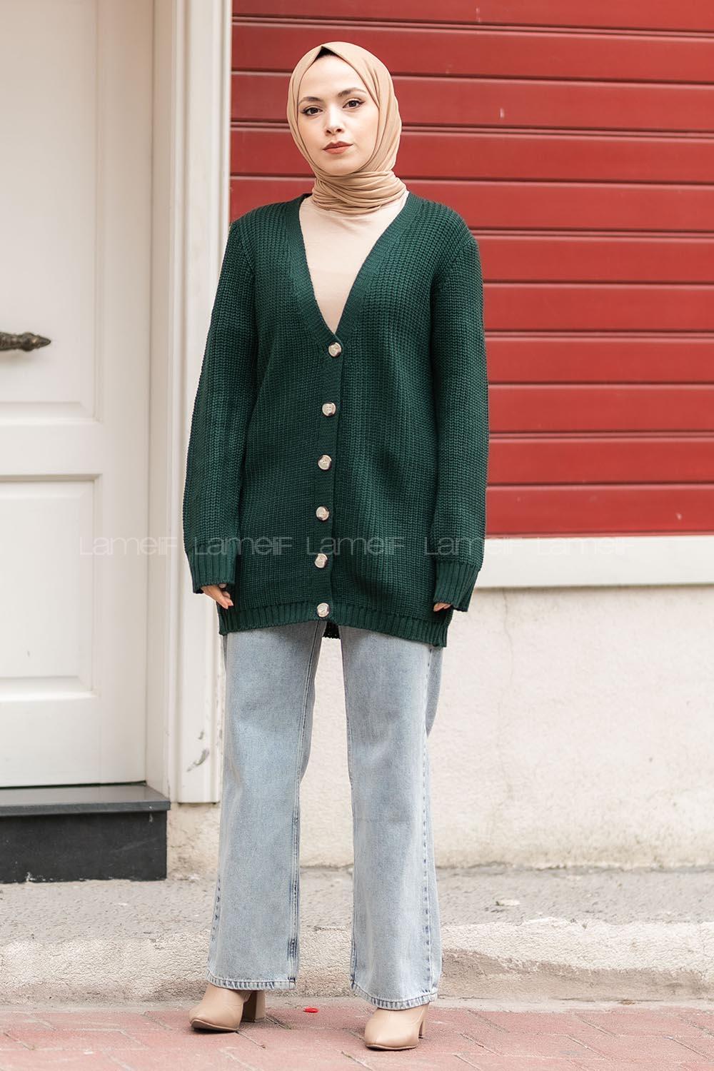 Modalamelif Önü Düğmeli Uzun Triko Hırka Zümrüt Yeşili