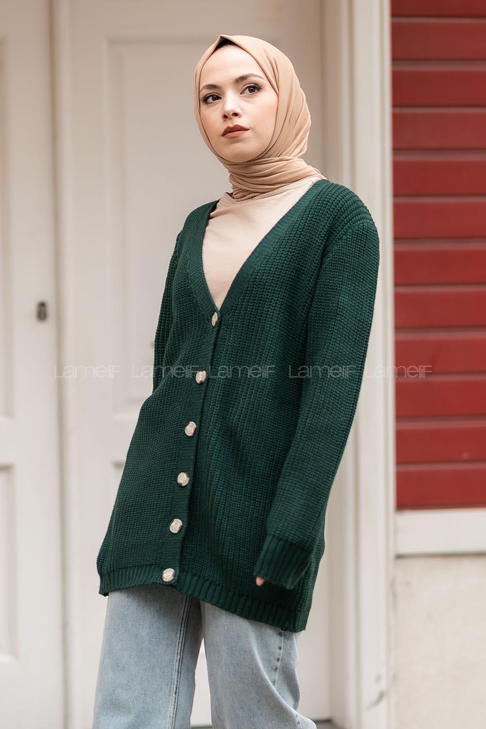 Modalamelif Önü Düğmeli Uzun Triko Hırka Zümrüt Yeşili