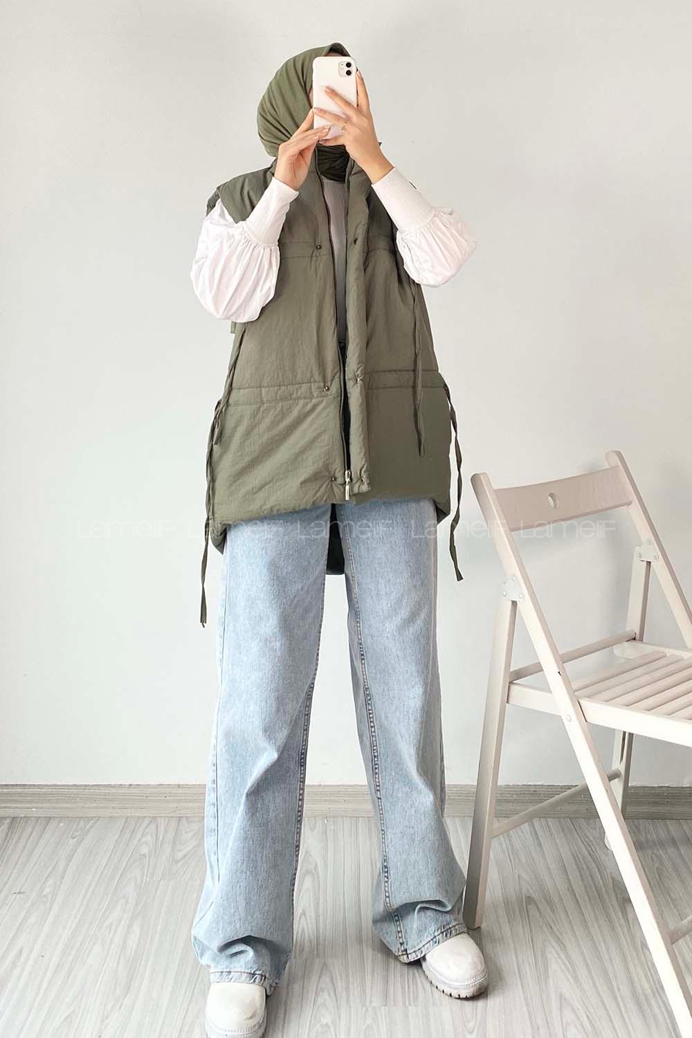 Modalamelif Gizli Fermuarlı Çift Cepli Yelek Haki