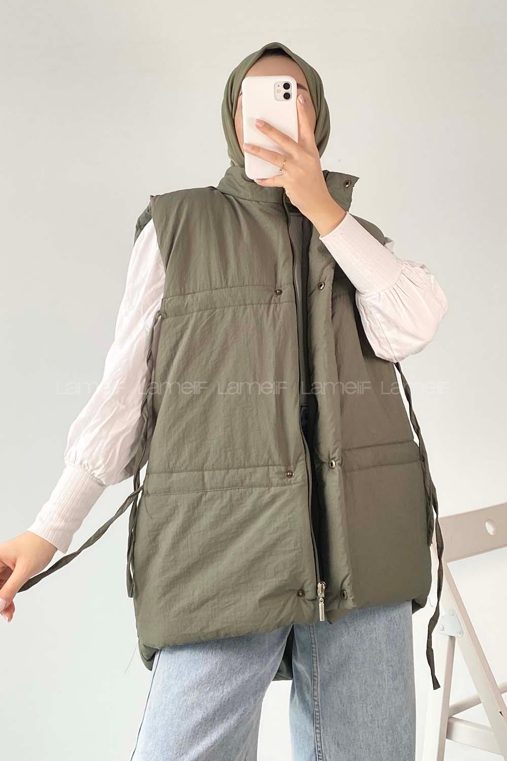 Modalamelif Gizli Fermuarlı Çift Cepli Yelek Haki