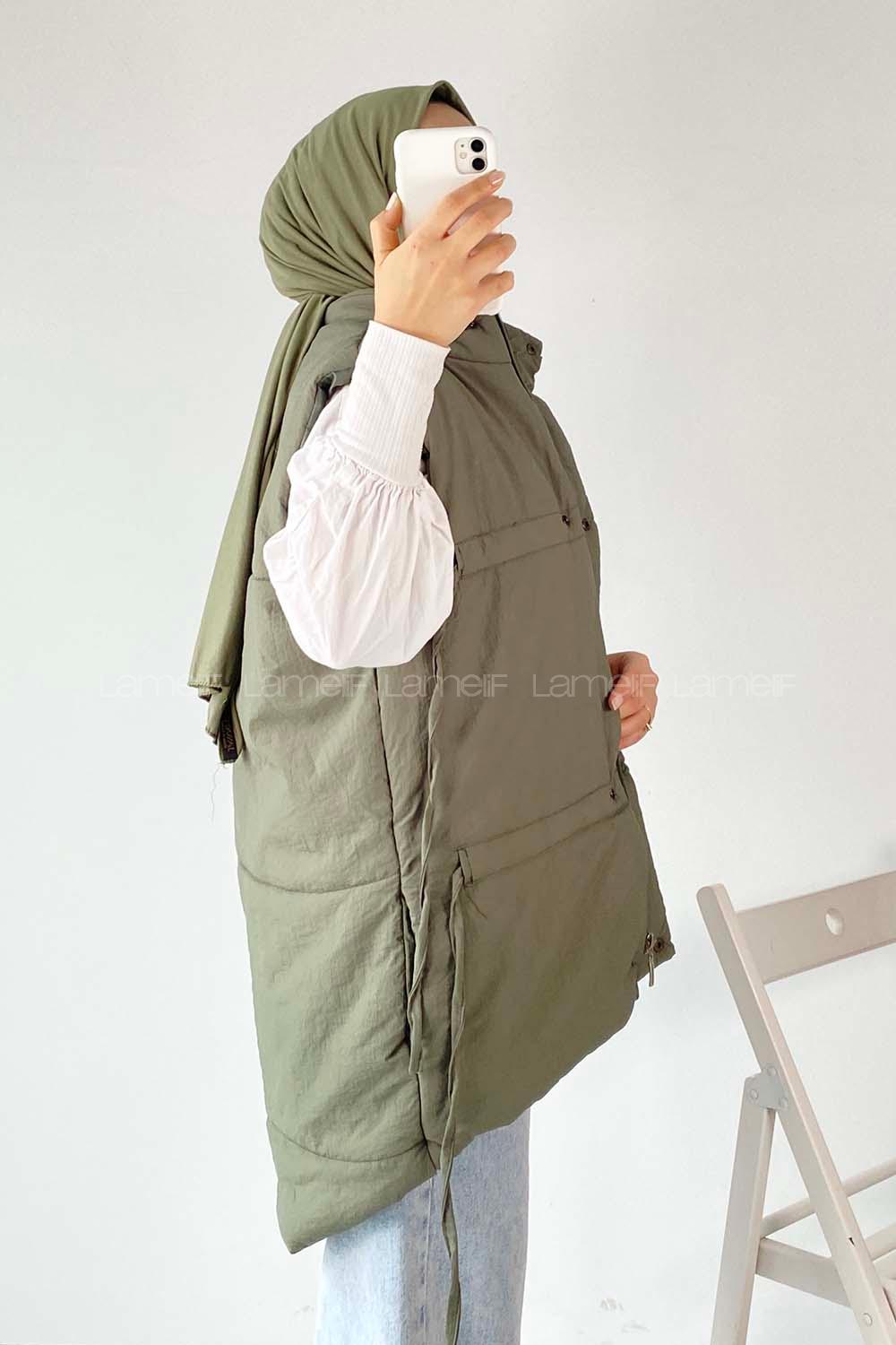 Modalamelif Gizli Fermuarlı Çift Cepli Yelek Haki