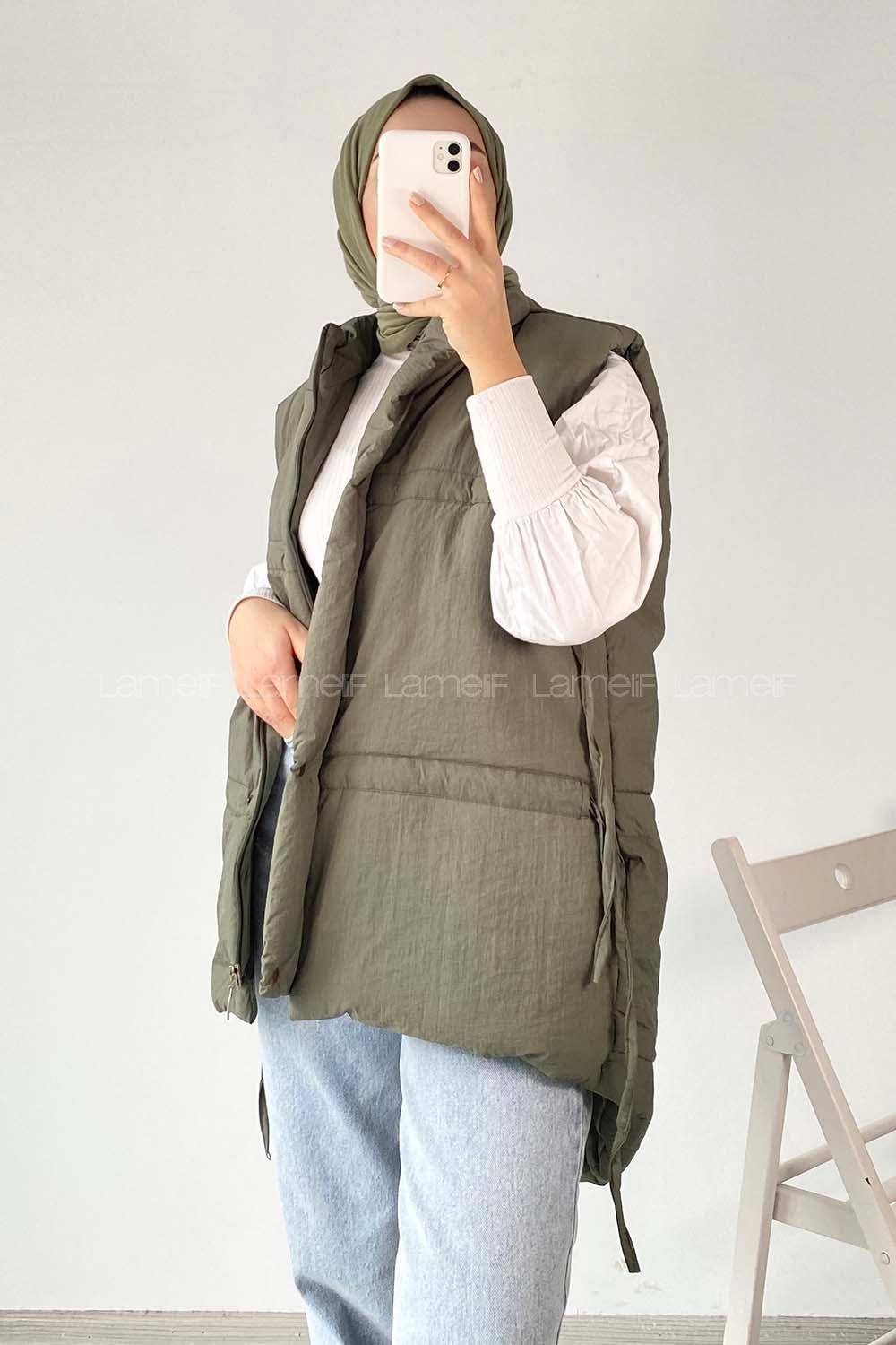 Modalamelif Gizli Fermuarlı Çift Cepli Yelek Haki