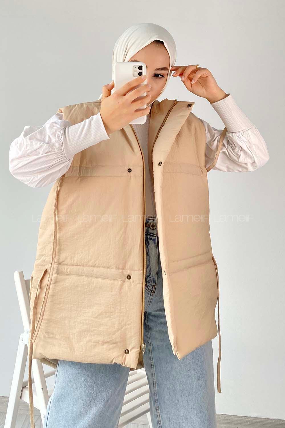 Modalamelif Gizli Fermuarlı Çift Cepli Yelek Sütlükahve
