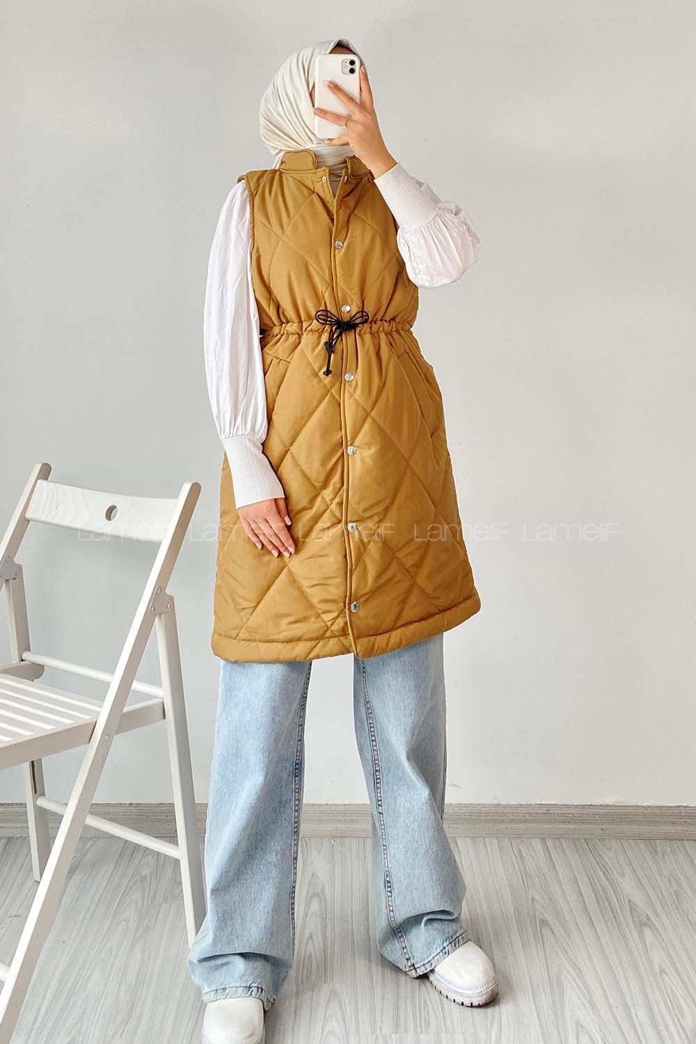 Modalamelif Hakim Yaka Kapitone Desen Yelek Camel