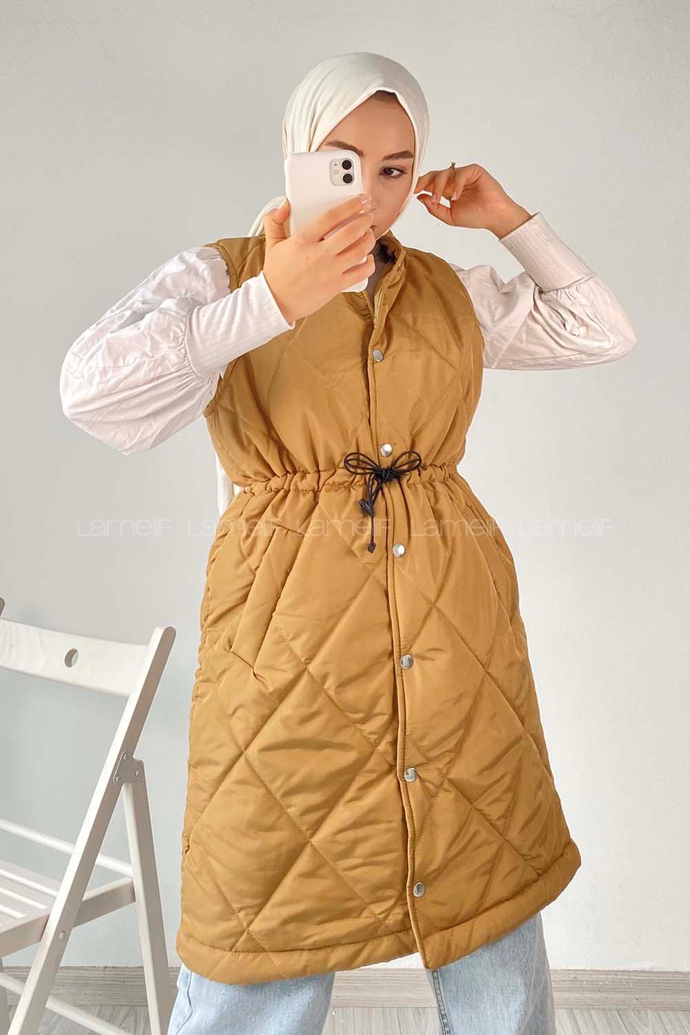 Modalamelif Hakim Yaka Kapitone Desen Yelek Camel