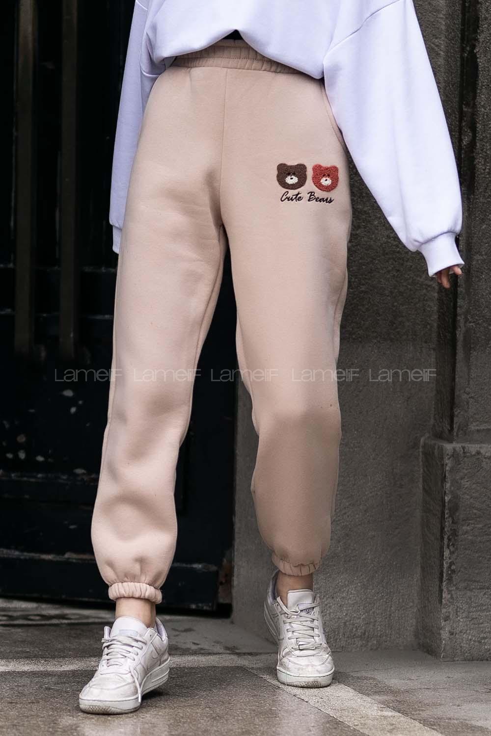 Modalamelif Bel Ve Paça Lastikli Bear Nakış İşlemeli Eşofman Sütlükahve