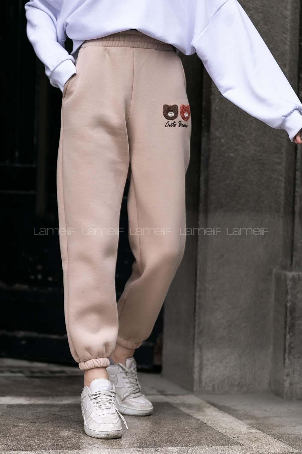 Modalamelif Bel Ve Paça Lastikli Bear Nakış İşlemeli Eşofman Sütlükahve