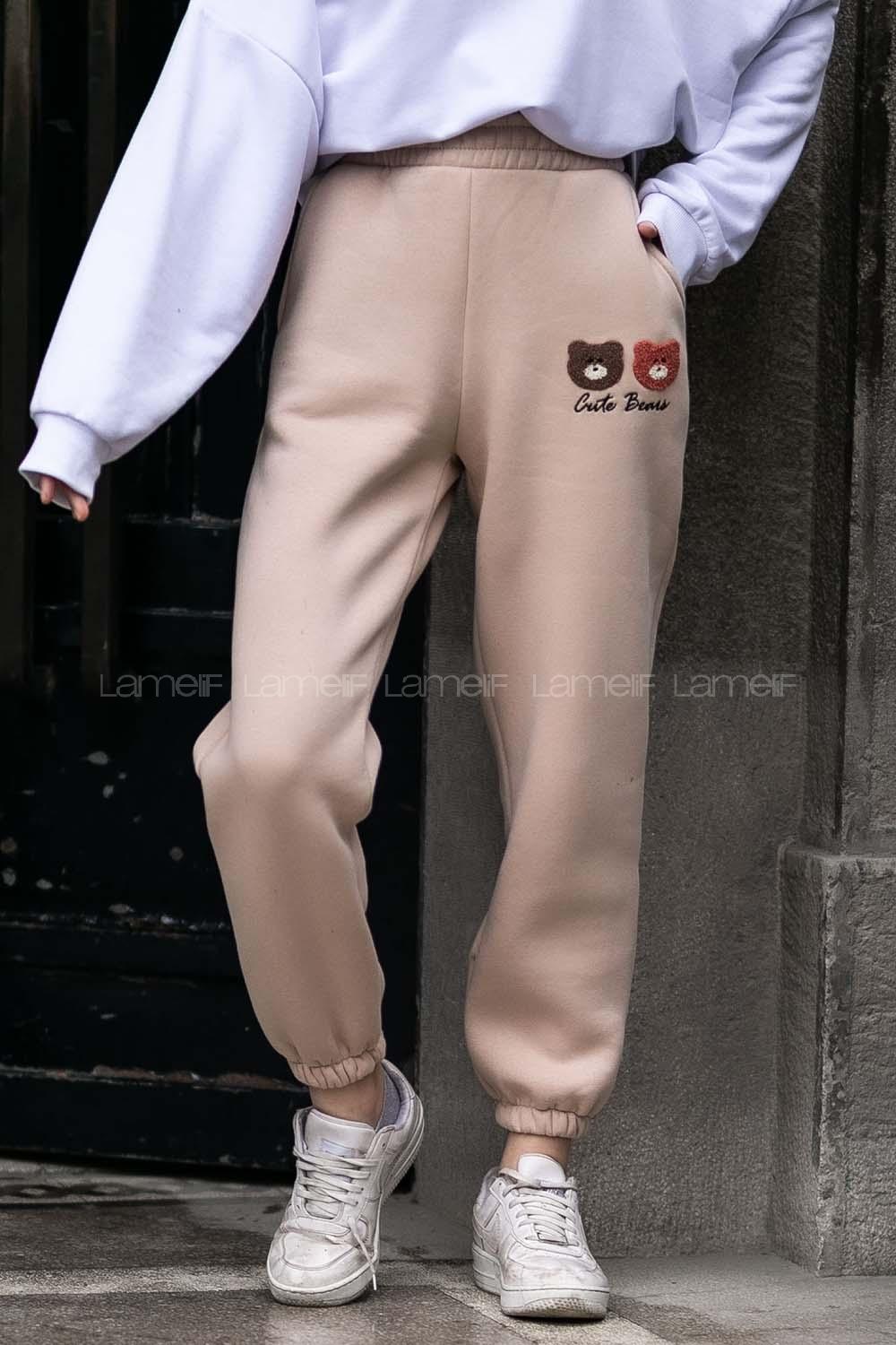 Modalamelif Bel Ve Paça Lastikli Bear Nakış İşlemeli Eşofman Sütlükahve