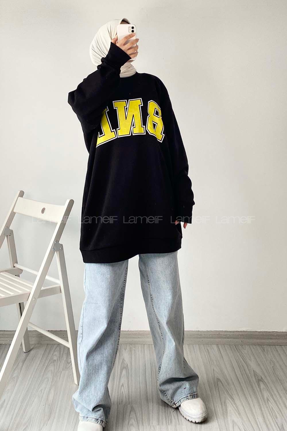 Modalamelif Bisiklet Yaka Bnl Yazı Baskılı Salaş Sweat Siyah