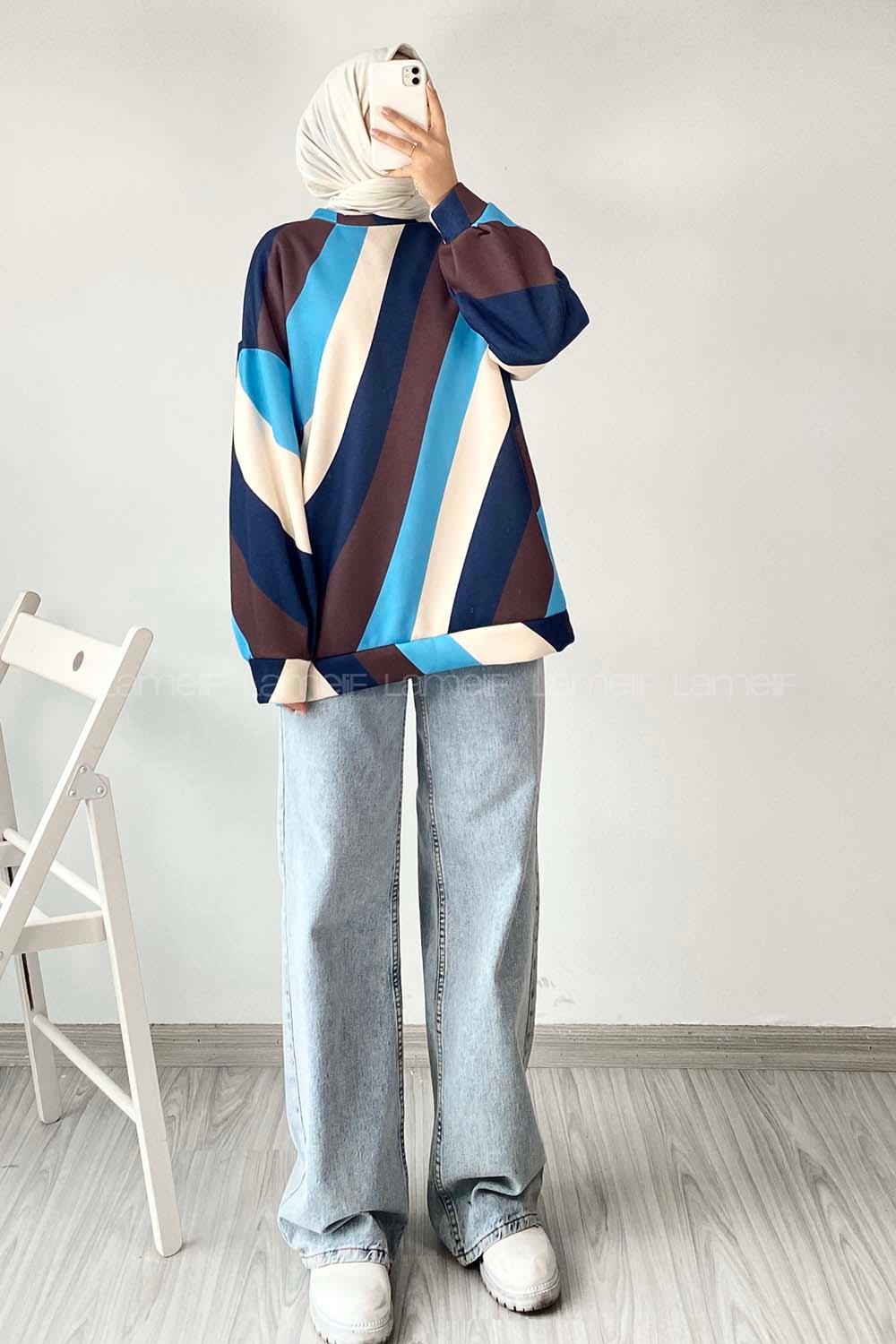 Modalamelif Bisiklet Yaka Renk Garnili Sweat Çokrenkli