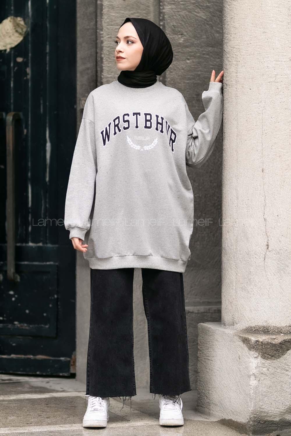 Modalamelif Bisiklet Yaka WRSTBHVR BERLİN Yazı Baskılı Sweat Gri