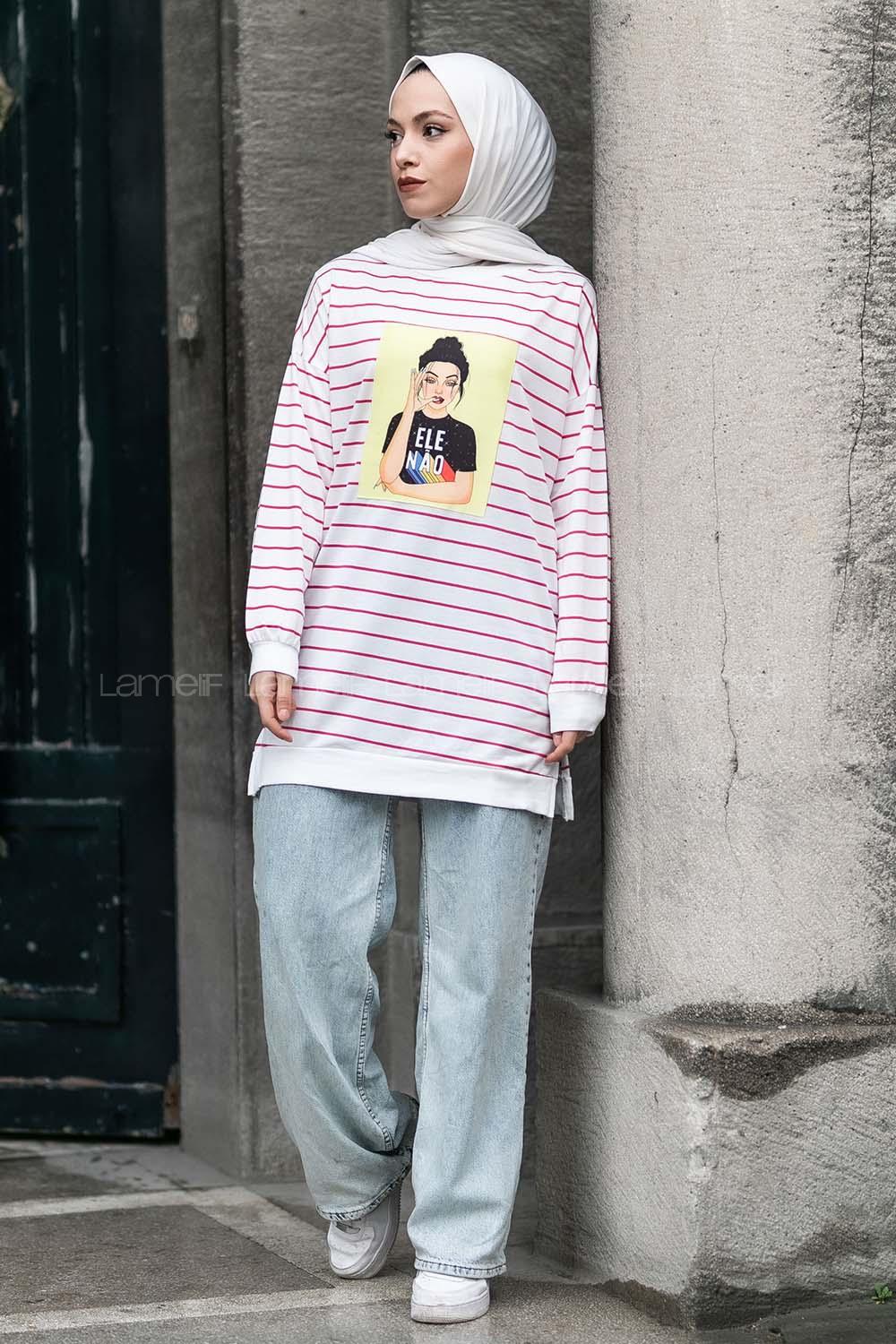 Modalamelif Ele Nao Girl Baskılı Çizgi Desenli Sweat Kırmızı